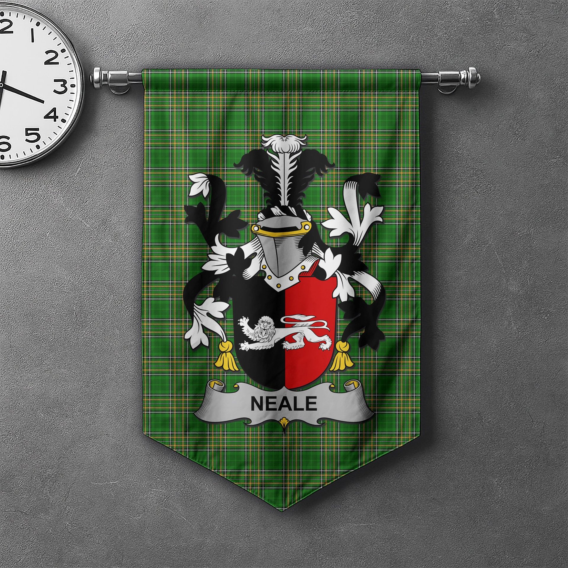 ScotsTee Shop Irish Neale Clan Coat of Arms Irish Tartan Gonfalon Flag