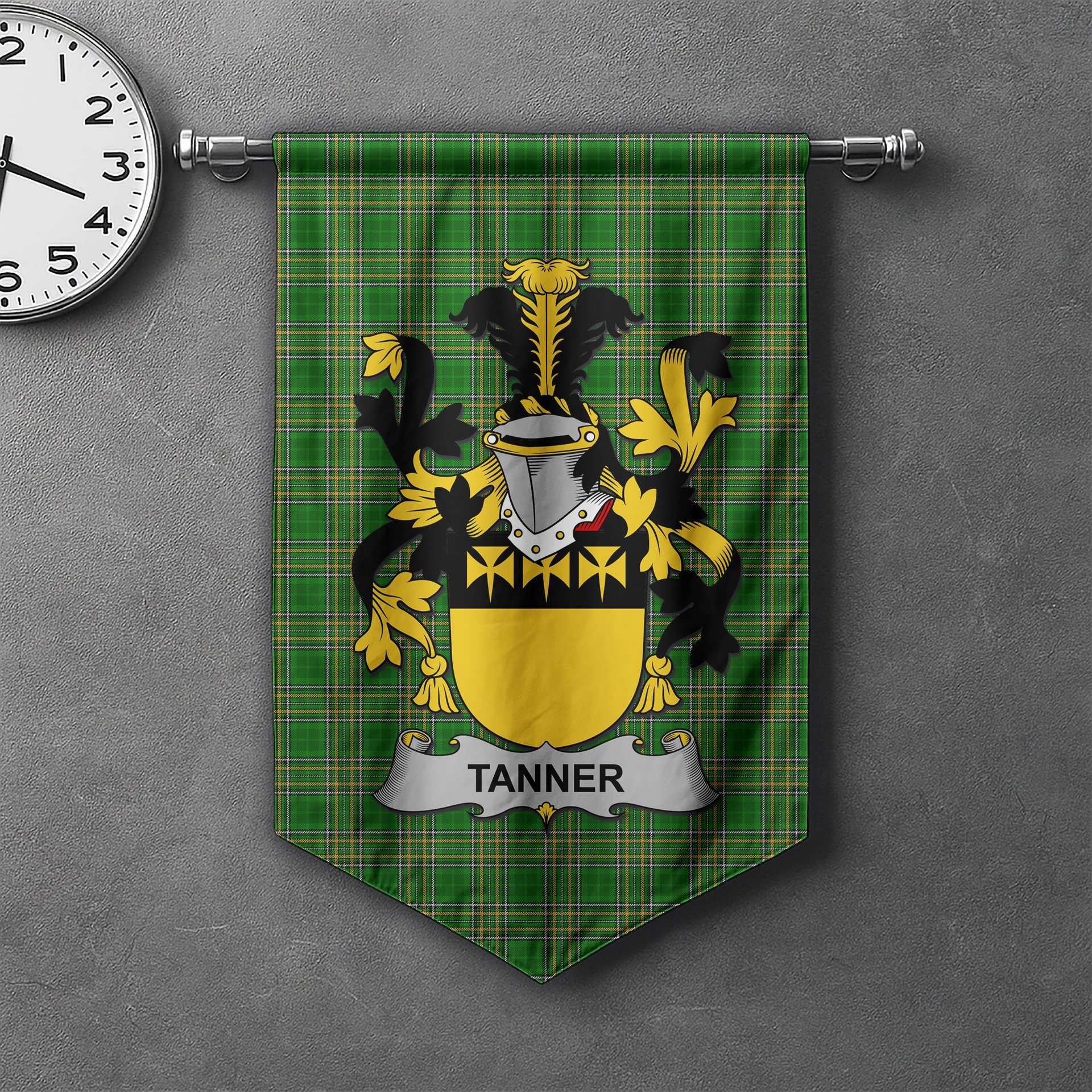 ScotsTee Shop Irish Tanner Clan Coat of Arms Irish Tartan Gonfalon Flag
