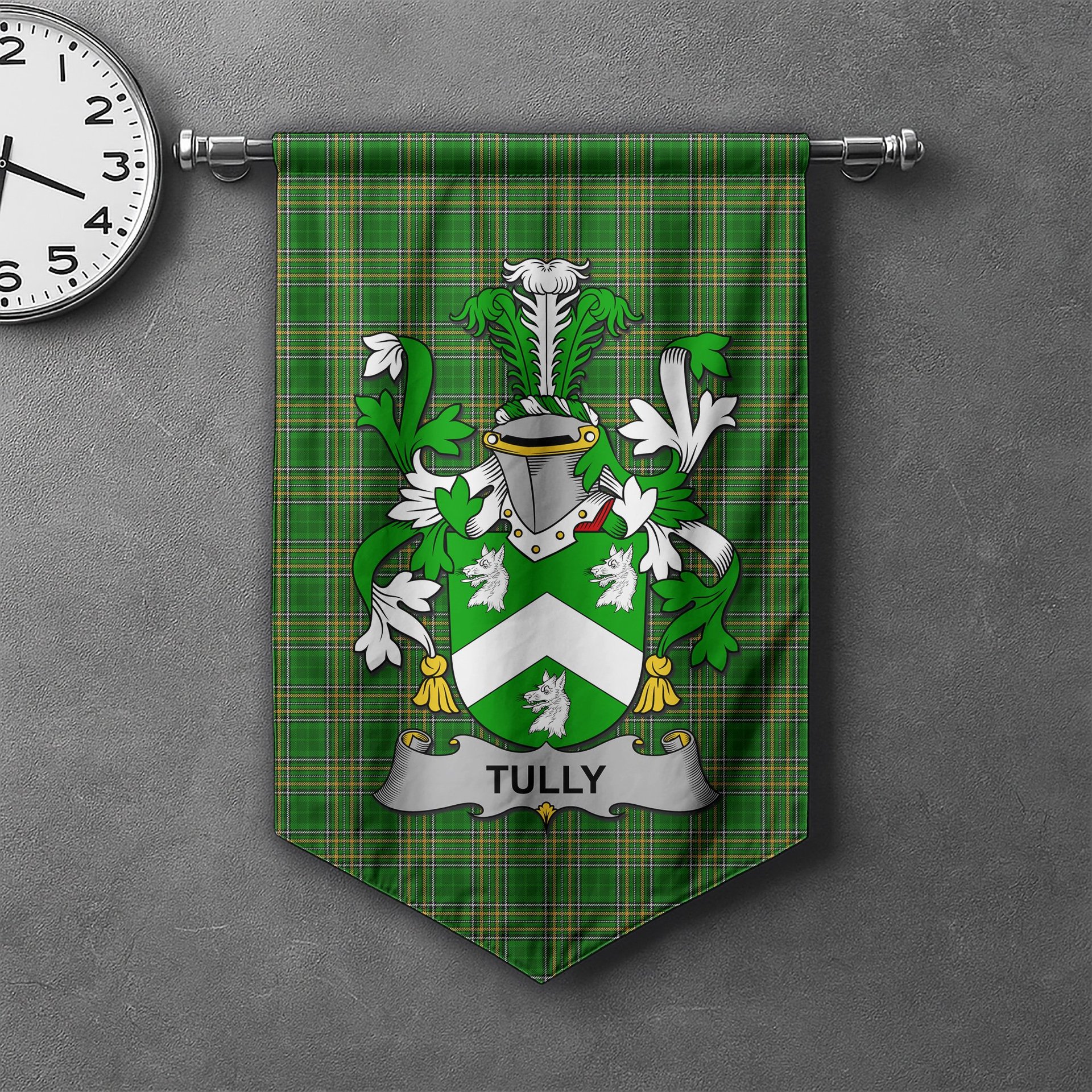 ScotsTee Shop Irish Tuly or McAtilla Clan Coat of Arms Irish Tartan Gonfalon Flag