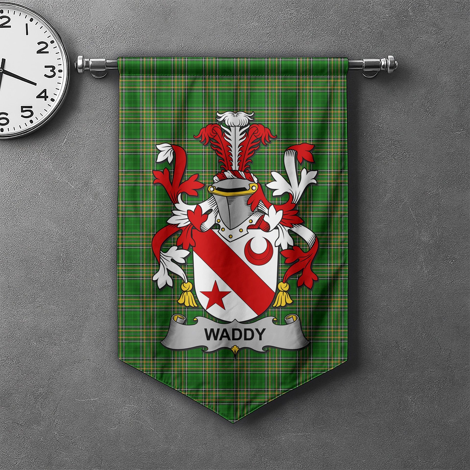 ScotsTee Shop Irish Waddy Clan Coat of Arms Irish Tartan Gonfalon Flag