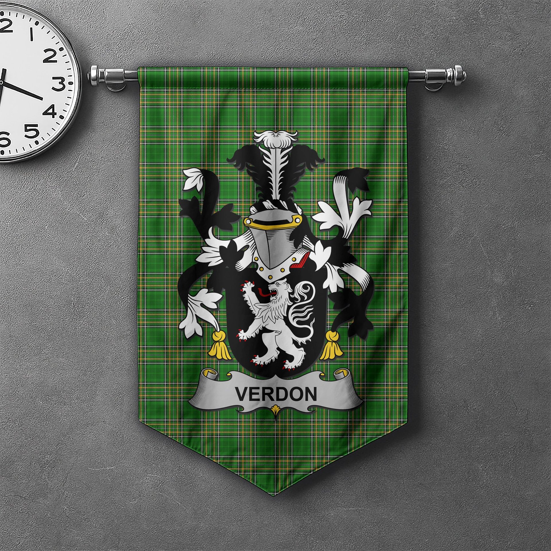 ScotsTee Shop Irish Verdon Clan Coat of Arms Irish Tartan Gonfalon Flag
