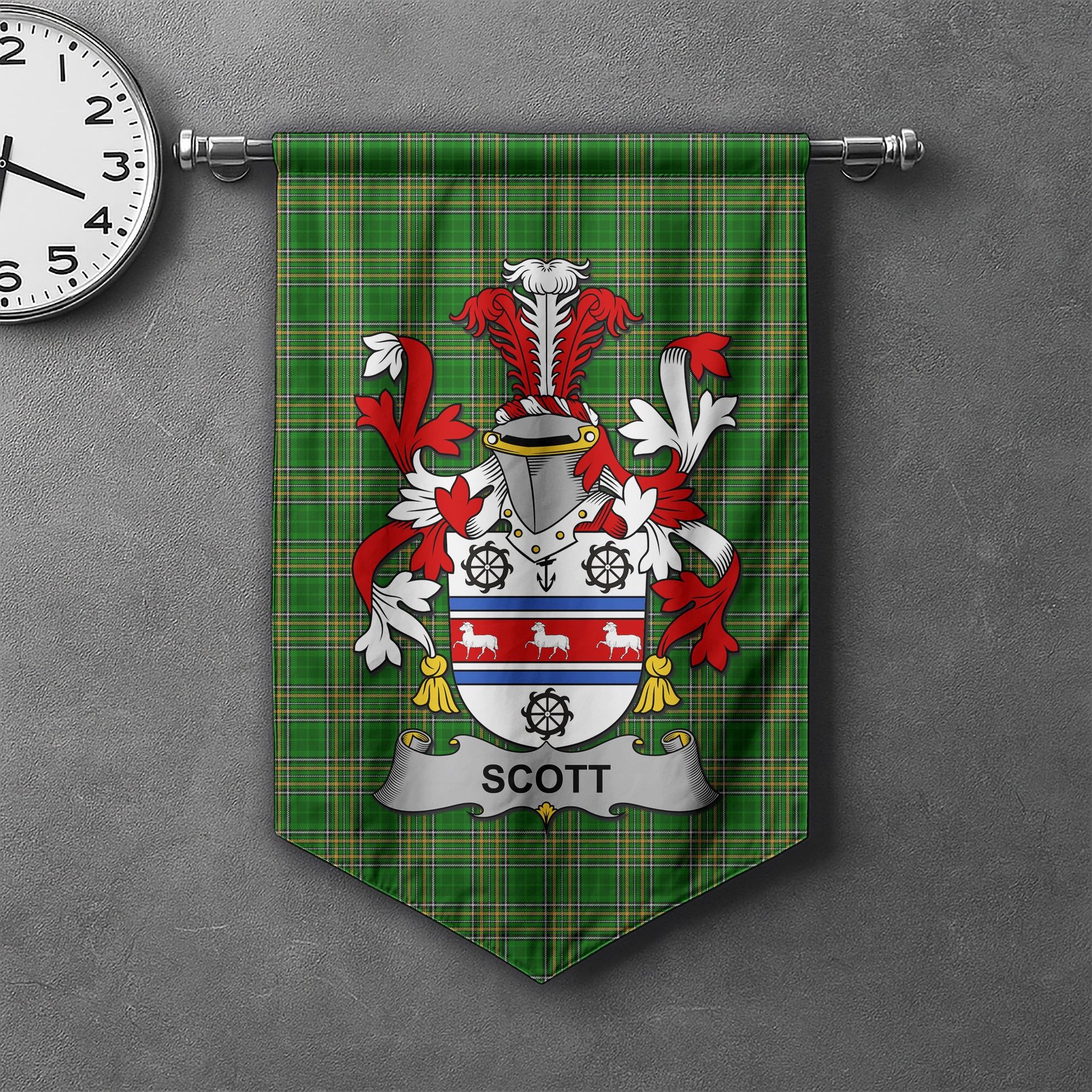 ScotsTee Shop Irish Scott Clan Coat of Arms Irish Tartan Gonfalon Flag