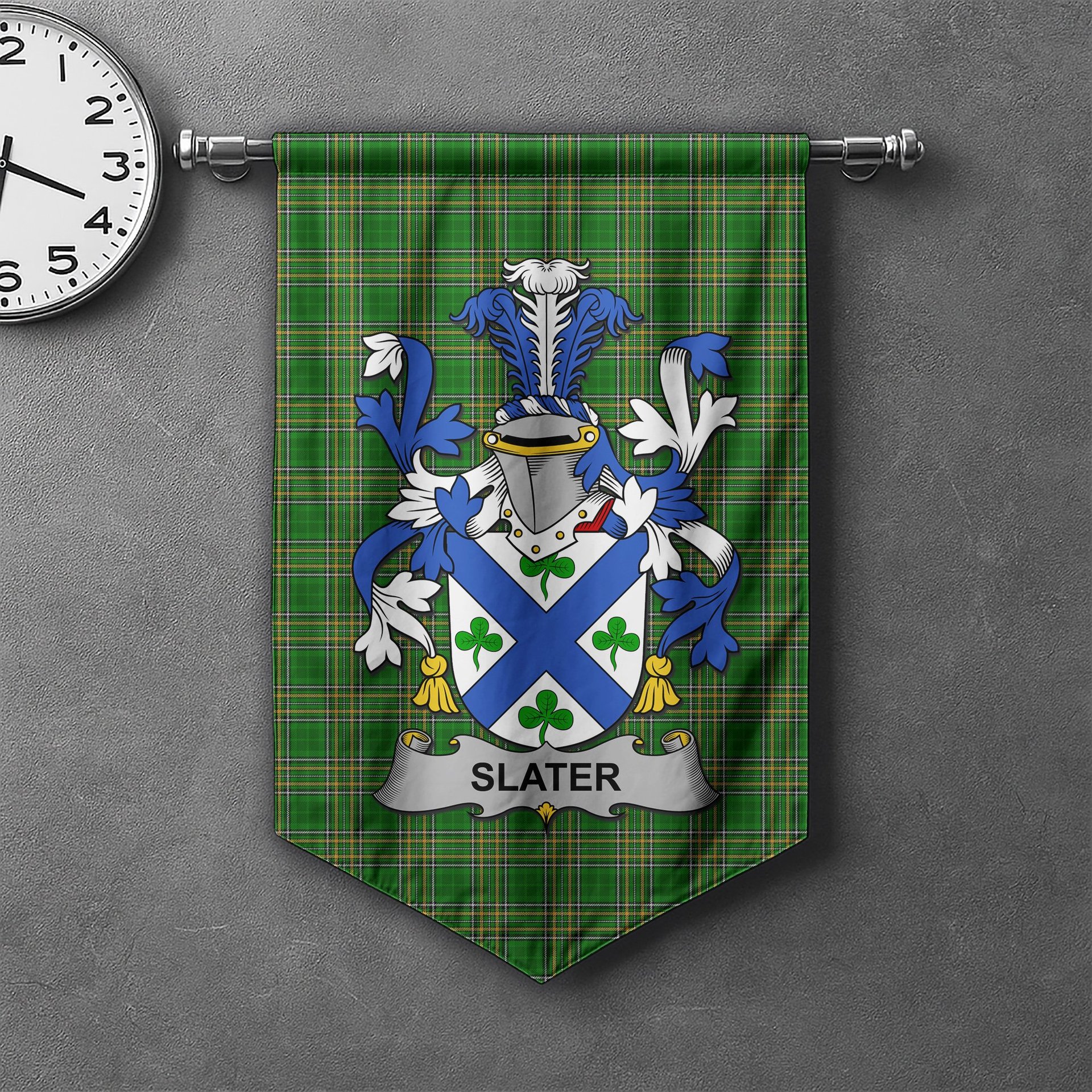 ScotsTee Shop Irish Slater or Slator Clan Coat of Arms Irish Tartan Gonfalon Flag