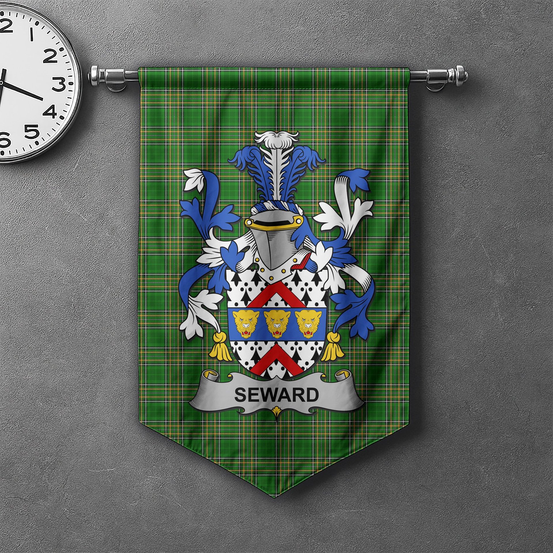 ScotsTee Shop Irish Seward Clan Coat of Arms Irish Tartan Gonfalon Flag