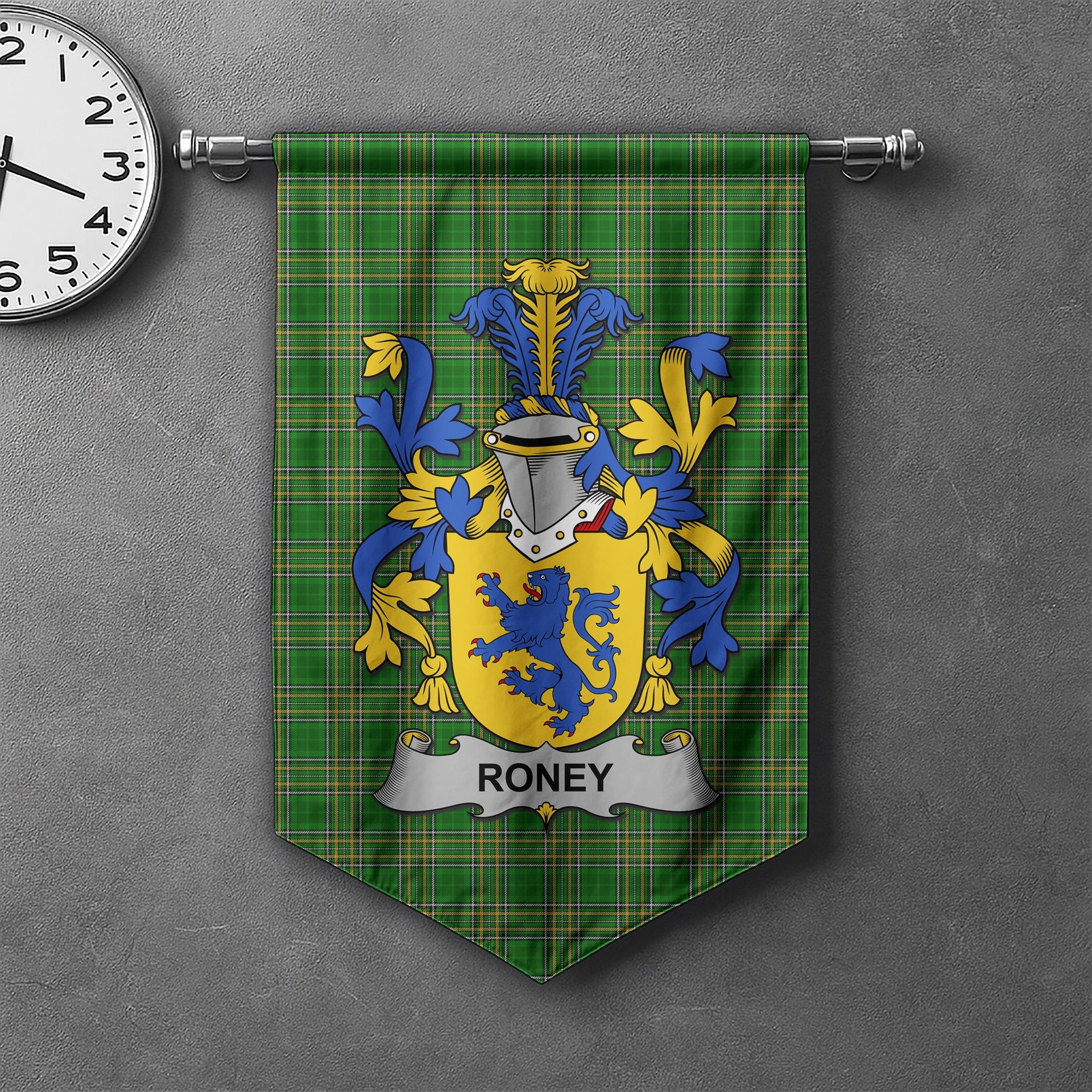 ScotsTee Shop Irish Roney or O'Rooney Clan Coat of Arms Irish Tartan Gonfalon Flag