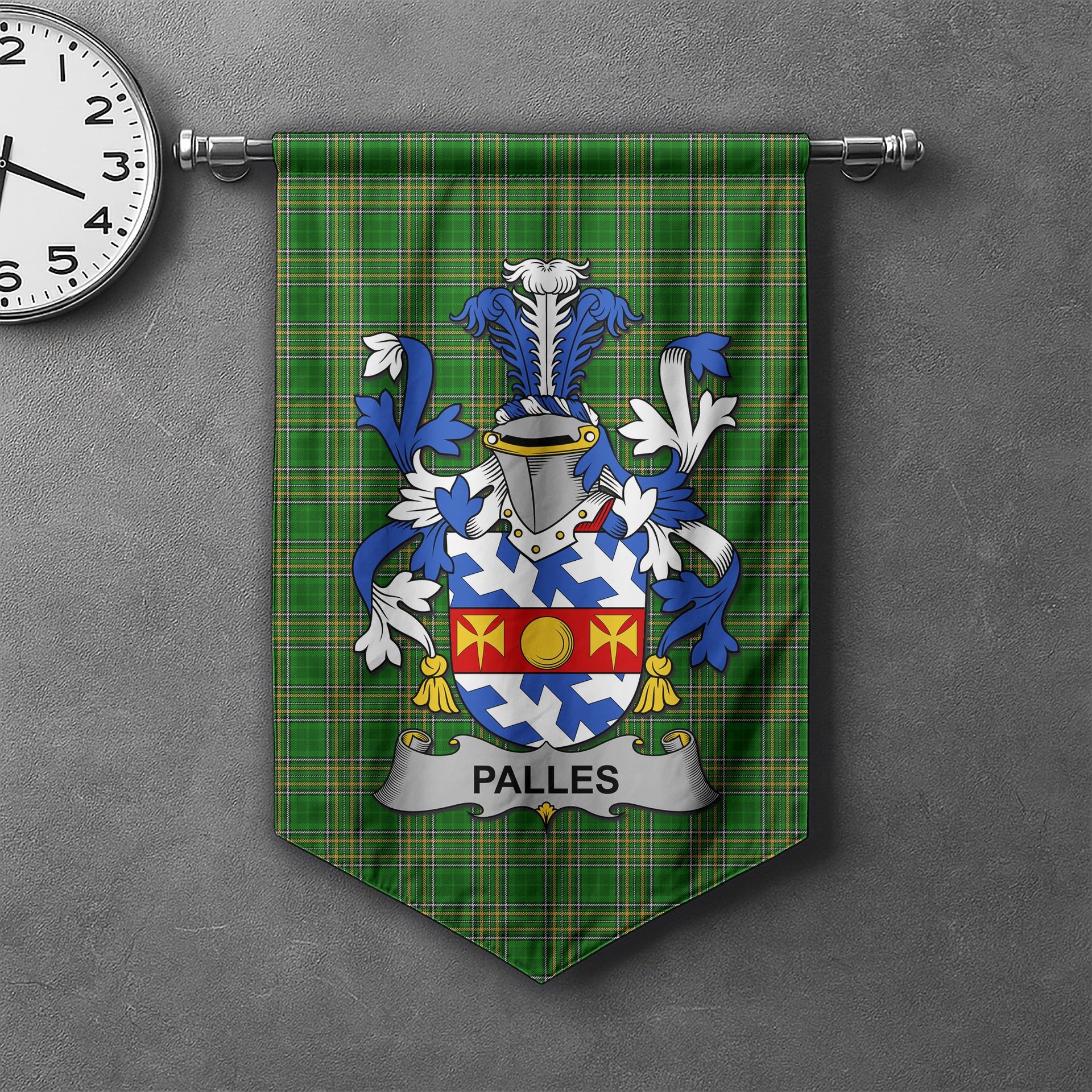 ScotsTee Shop Irish Palles Clan Coat of Arms Irish Tartan Gonfalon Flag