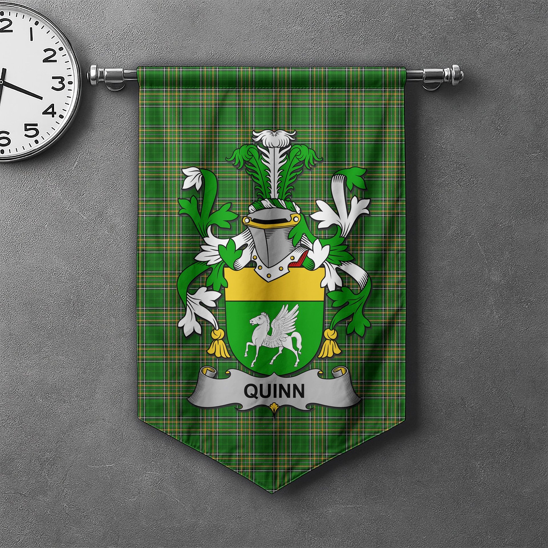 ScotsTee Shop Irish Quinn or O'Quin Clan Coat of Arms Irish Tartan Gonfalon Flag