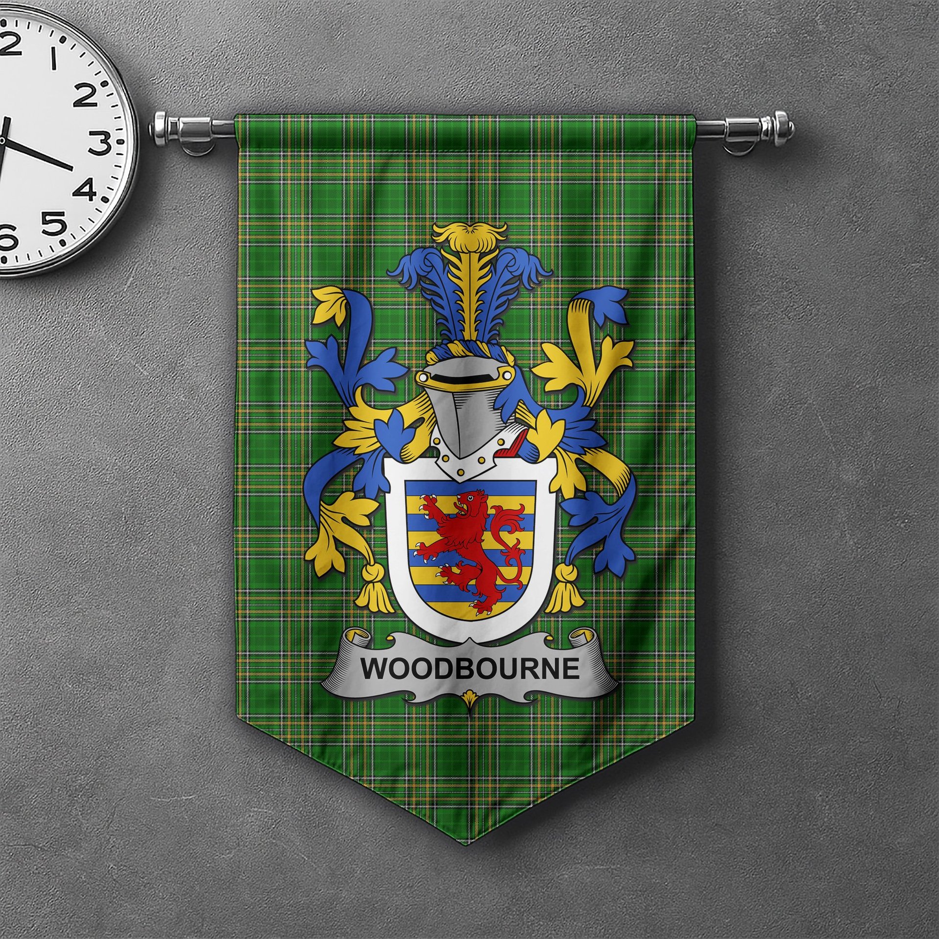 ScotsTee Shop Irish Woodbourne Clan Coat of Arms Irish Tartan Gonfalon Flag