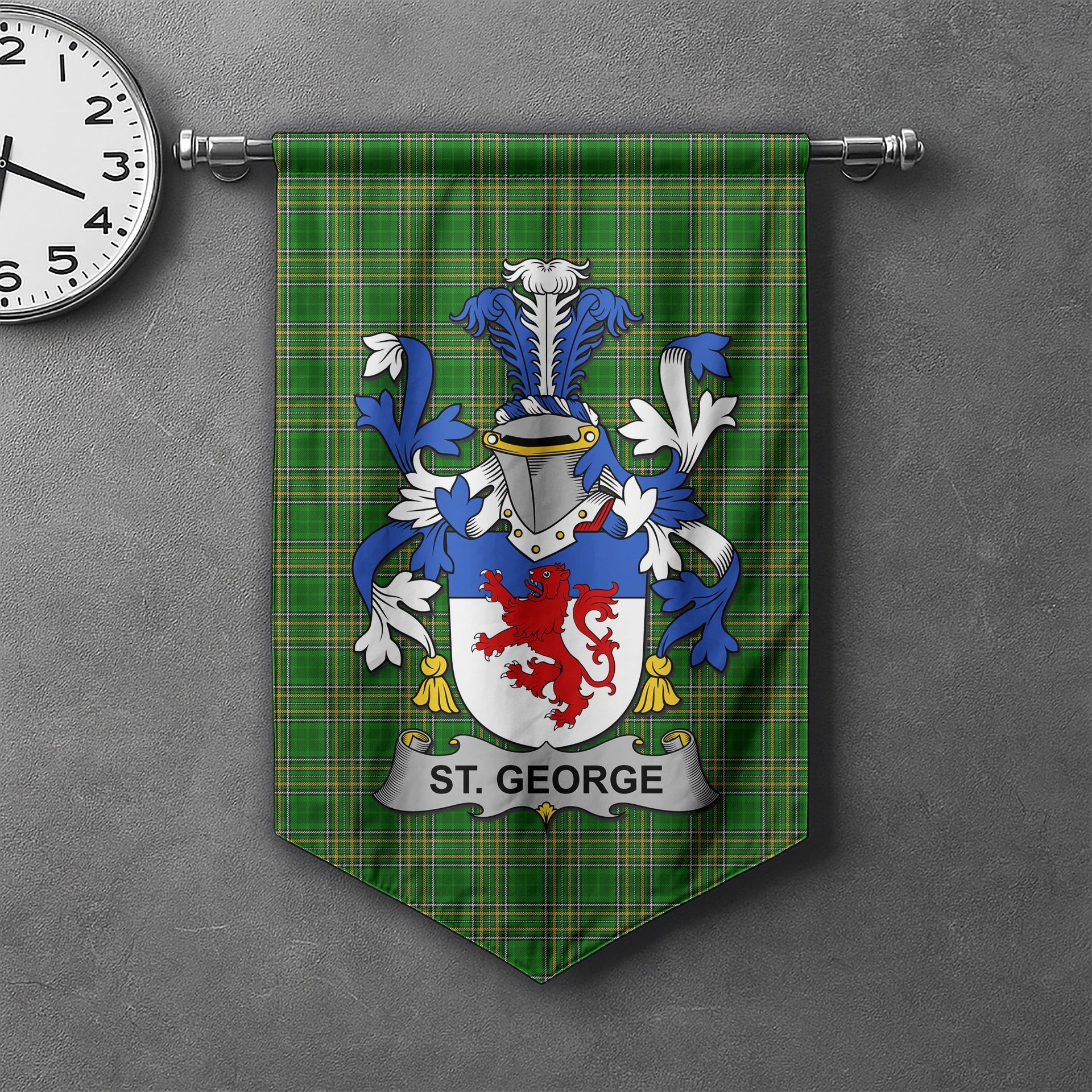 ScotsTee Shop Irish St. George Clan Coat of Arms Irish Tartan Gonfalon Flag