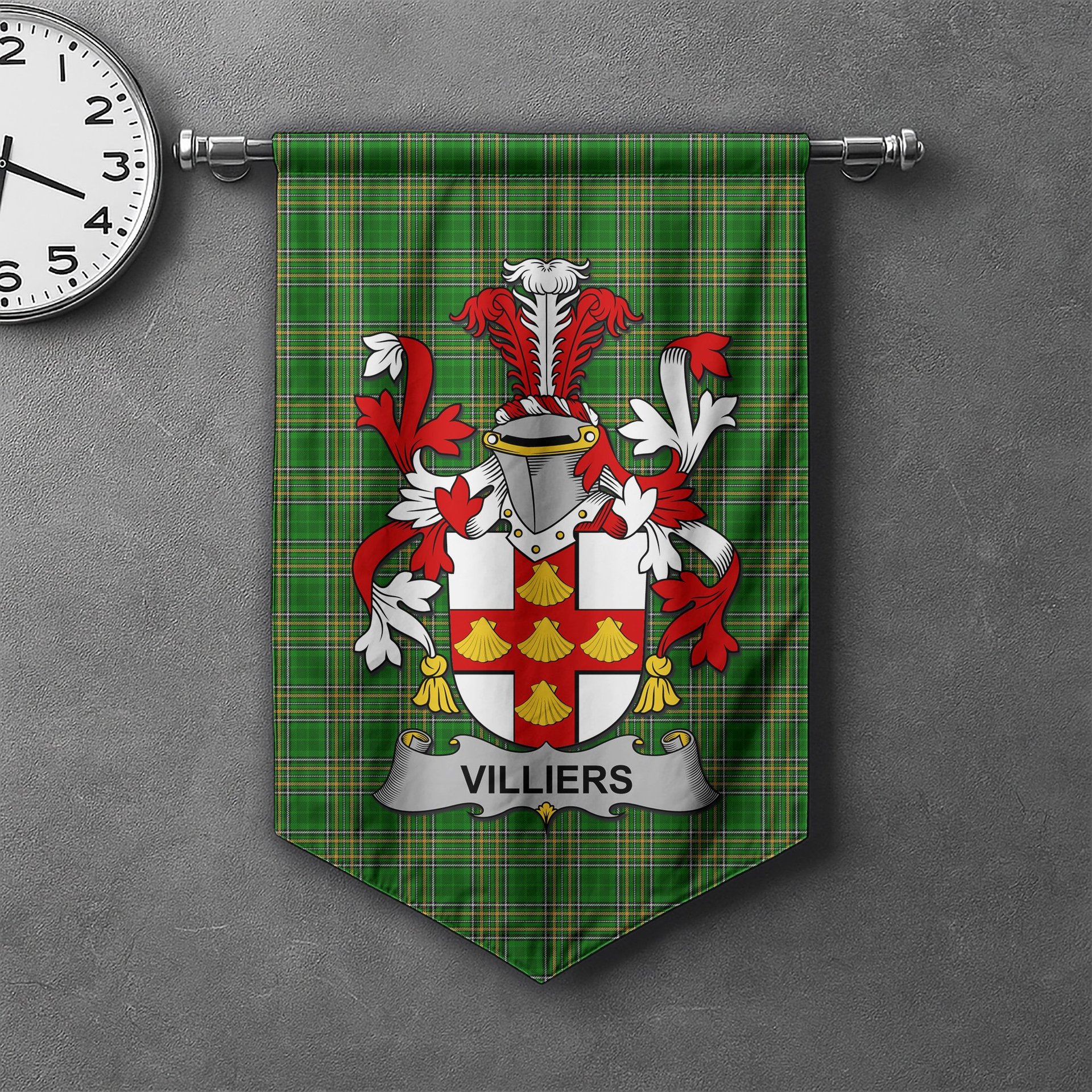 ScotsTee Shop Irish Villiers Clan Coat of Arms Irish Tartan Gonfalon Flag