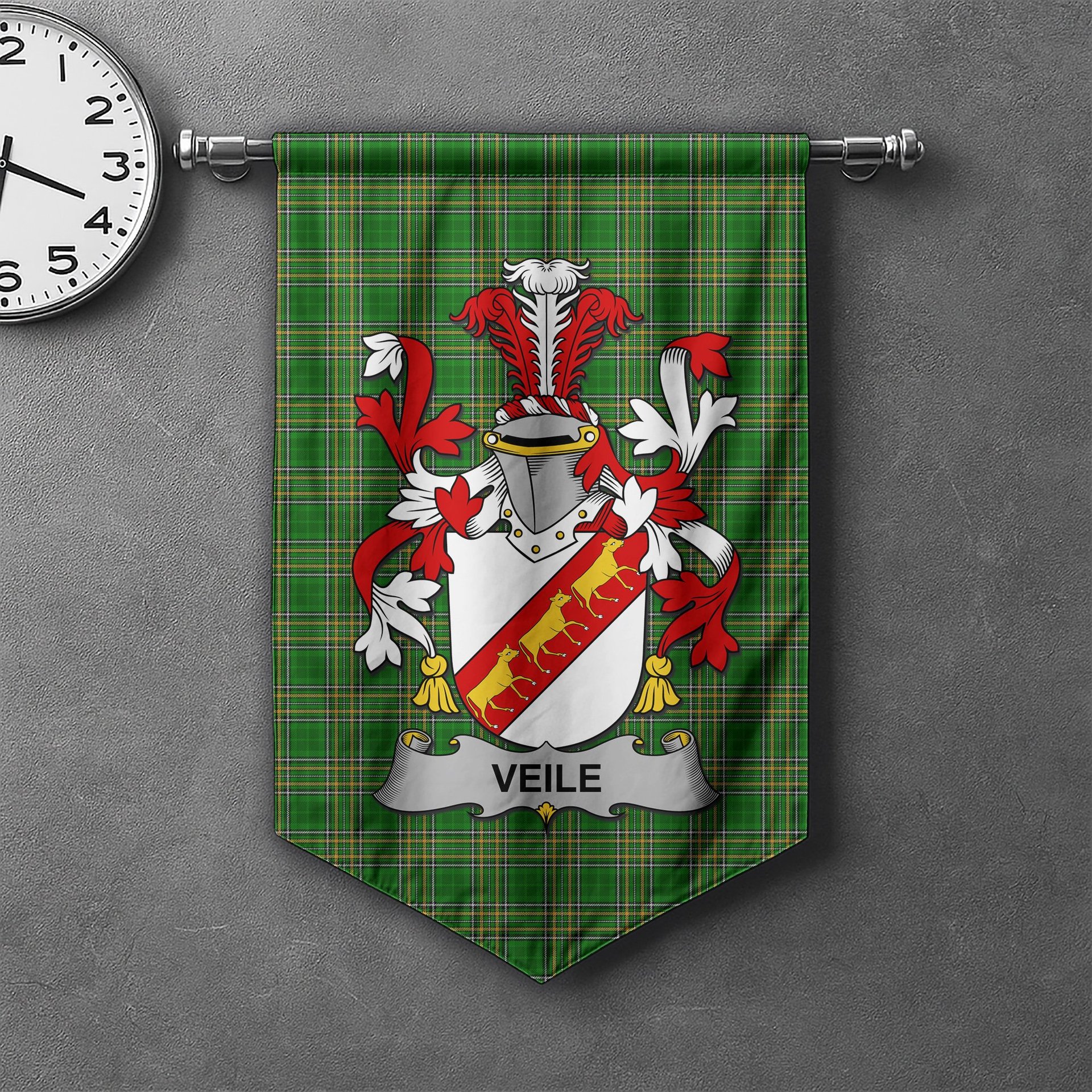 ScotsTee Shop Irish Veile or Veale Clan Coat of Arms Irish Tartan Gonfalon Flag