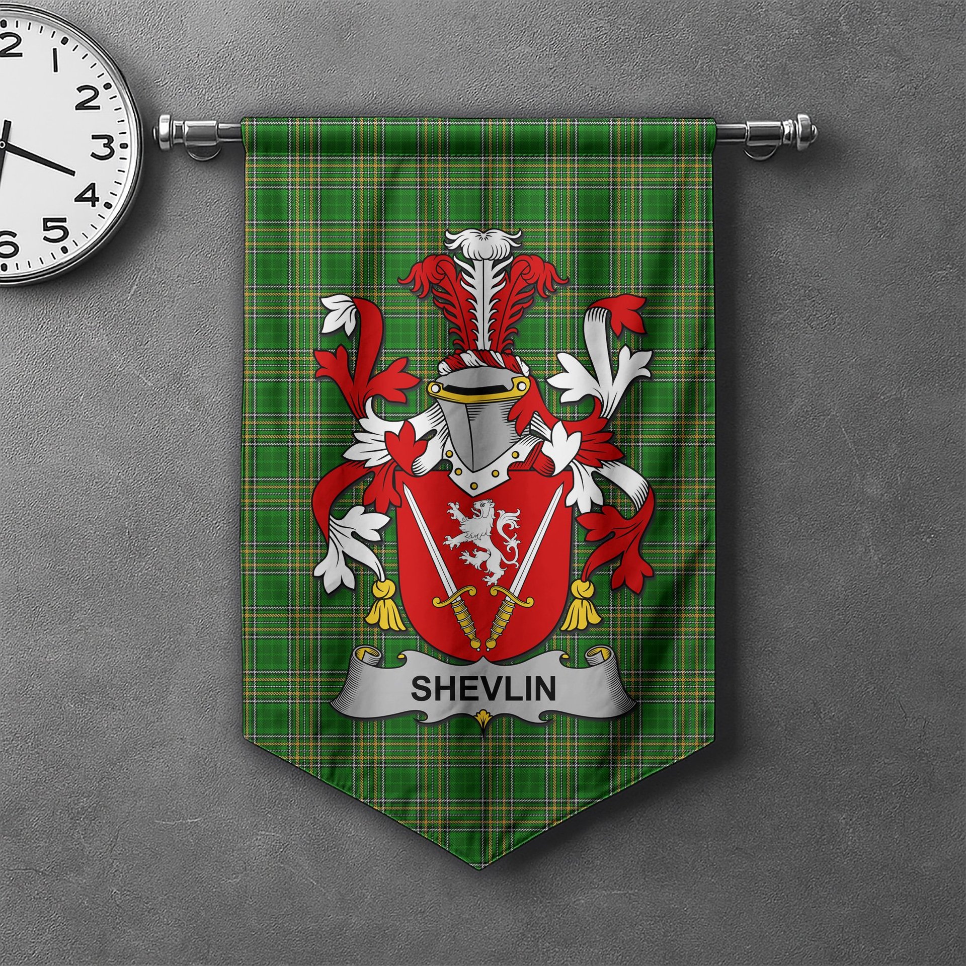 ScotsTee Shop Irish Shevlin Clan Coat of Arms Irish Tartan Gonfalon Flag