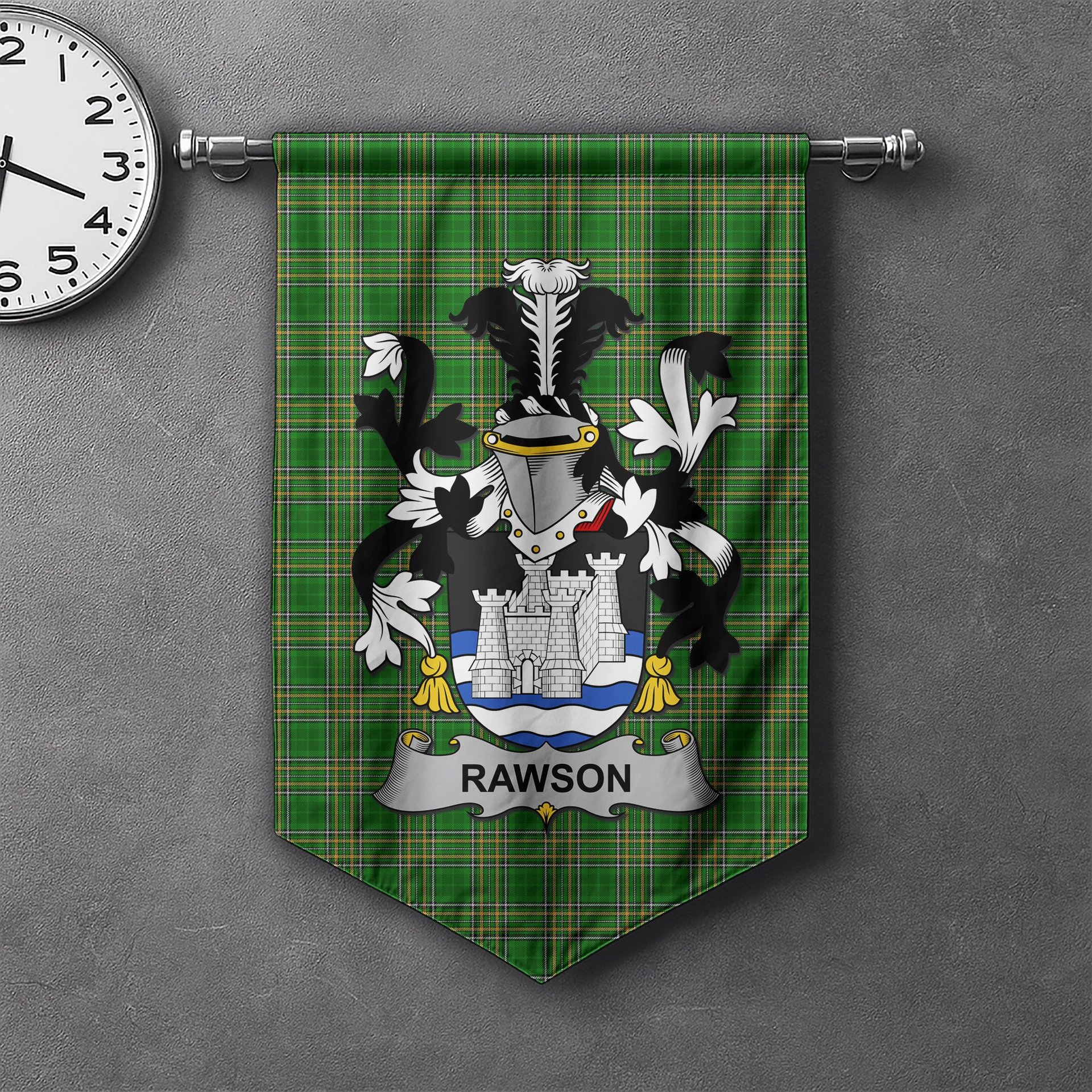 ScotsTee Shop Irish Rawson Clan Coat of Arms Irish Tartan Gonfalon Flag
