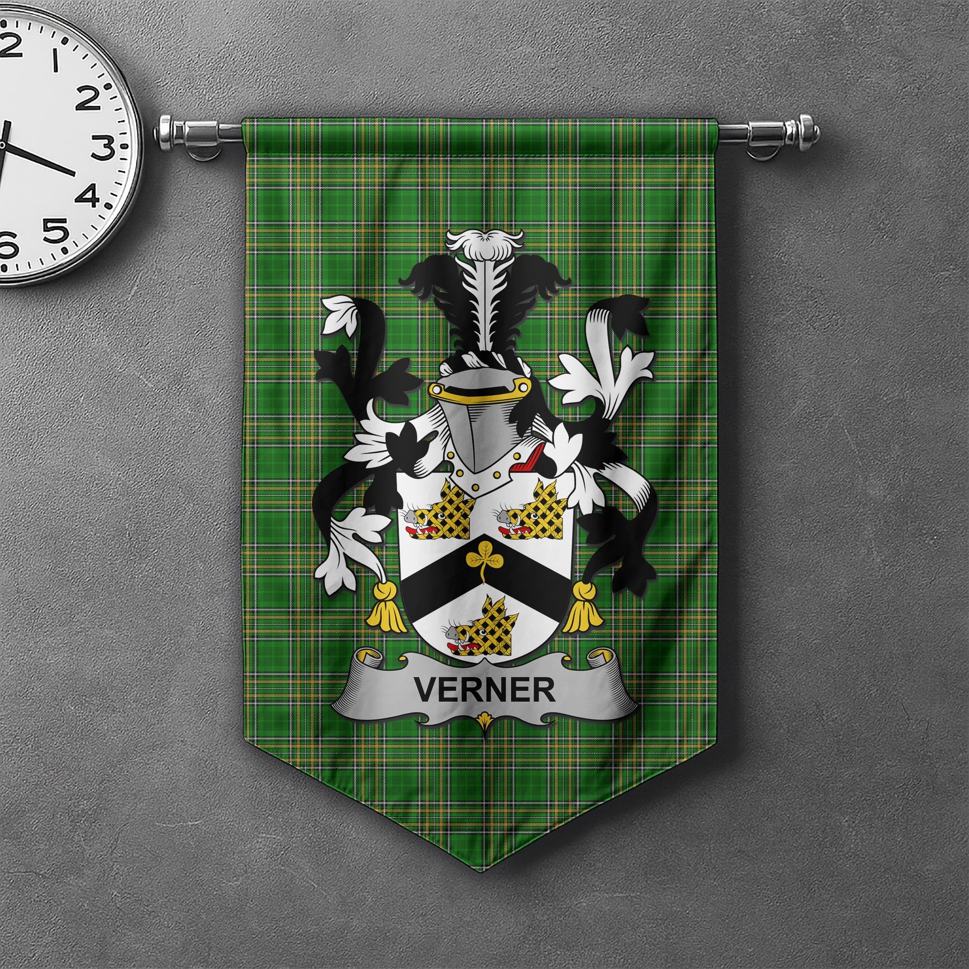 ScotsTee Shop Irish Verner Clan Coat of Arms Irish Tartan Gonfalon Flag