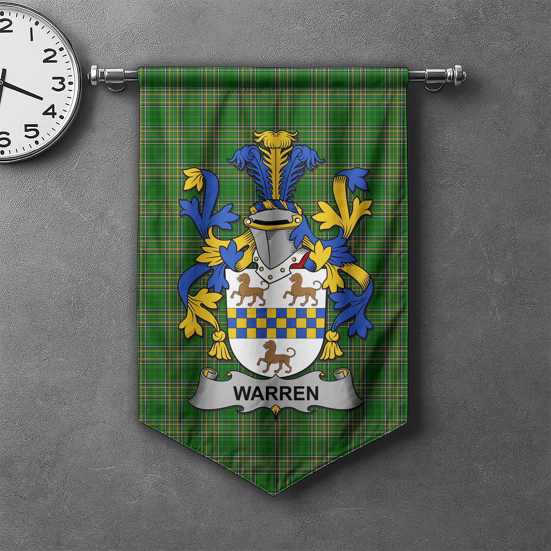 ScotsTee Shop Irish Warren Clan Coat of Arms Irish Tartan Gonfalon Flag