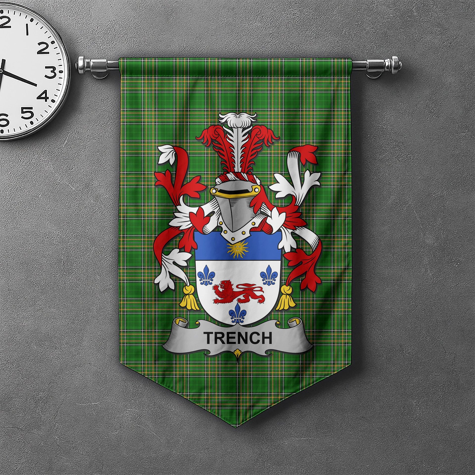 ScotsTee Shop Irish Trench Clan Coat of Arms Irish Tartan Gonfalon Flag