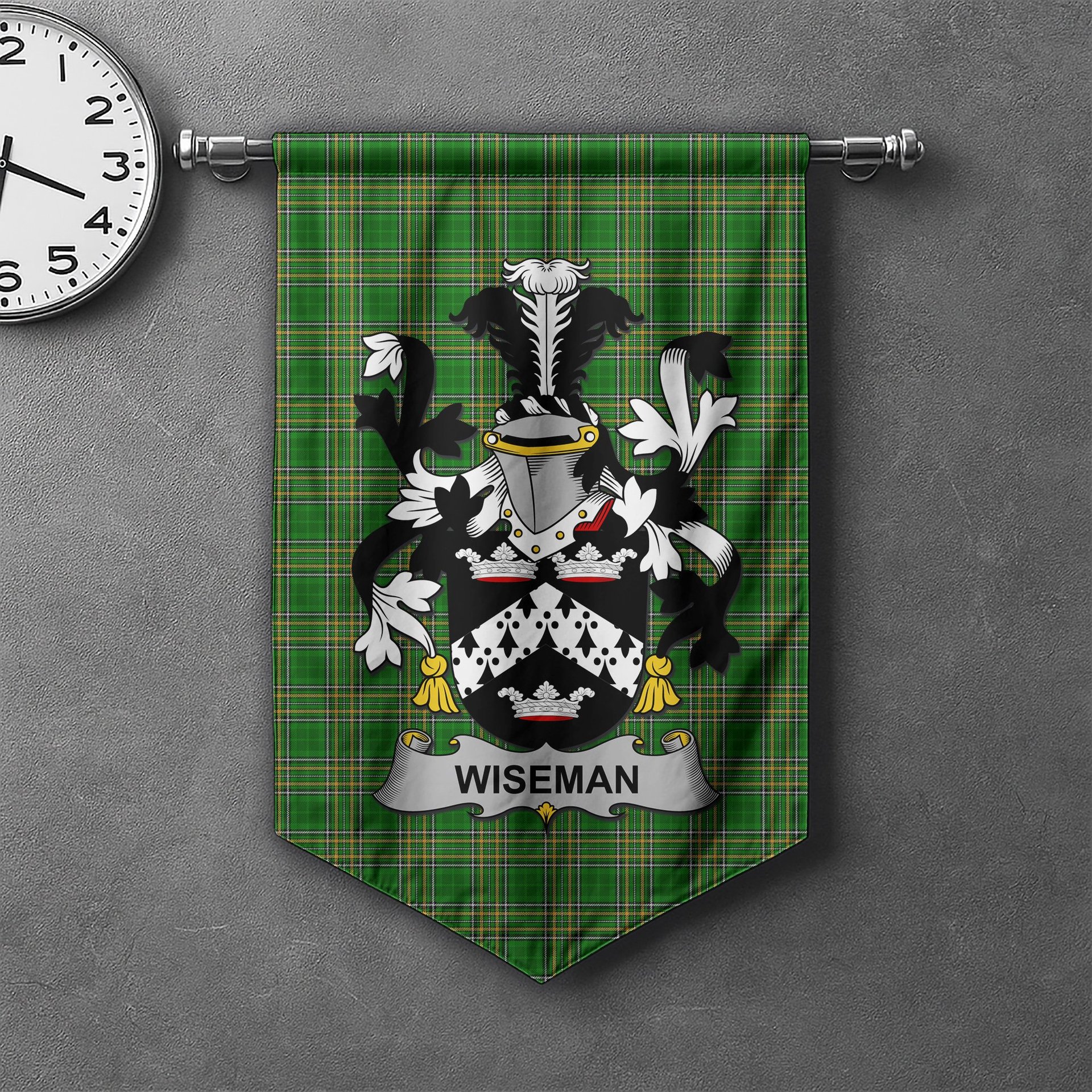 ScotsTee Shop Irish Wiseman Clan Coat of Arms Irish Tartan Gonfalon Flag