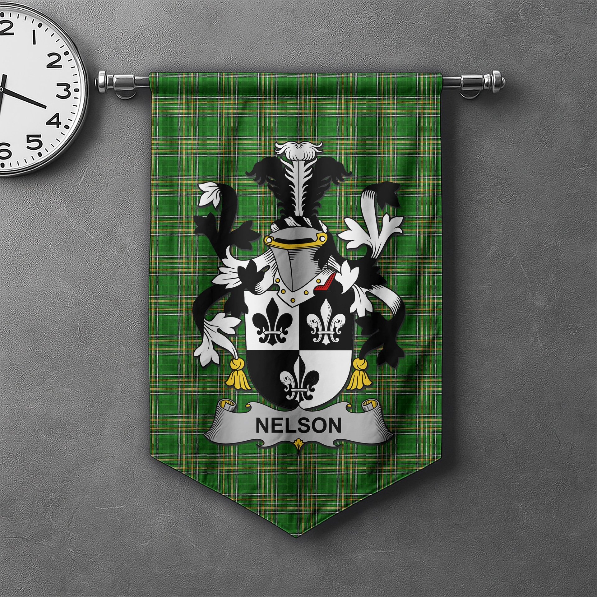 ScotsTee Shop Irish Nelson or Nealson Clan Coat of Arms Irish Tartan Gonfalon Flag