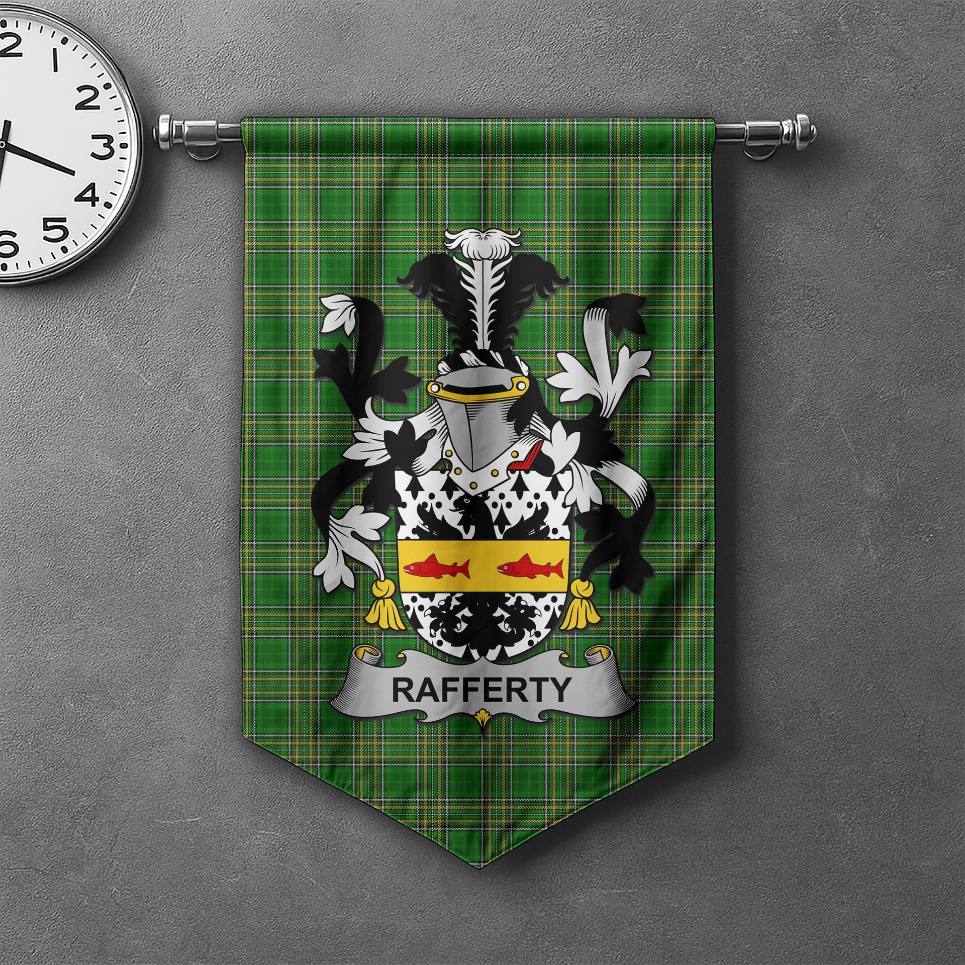 ScotsTee Shop Irish Rafferty or O'Rafferty Clan Coat of Arms Irish Tartan Gonfalon Flag