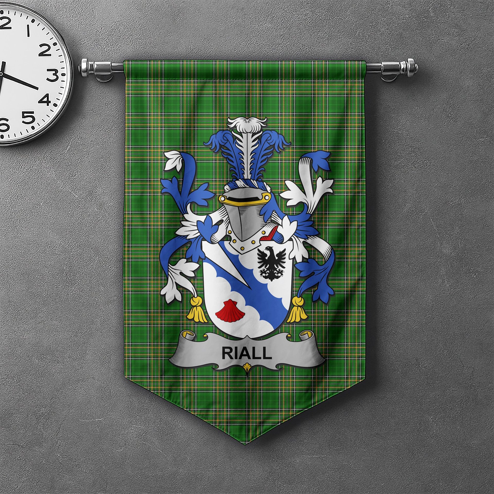 ScotsTee Shop Irish Riall or Ryle Clan Coat of Arms Irish Tartan Gonfalon Flag