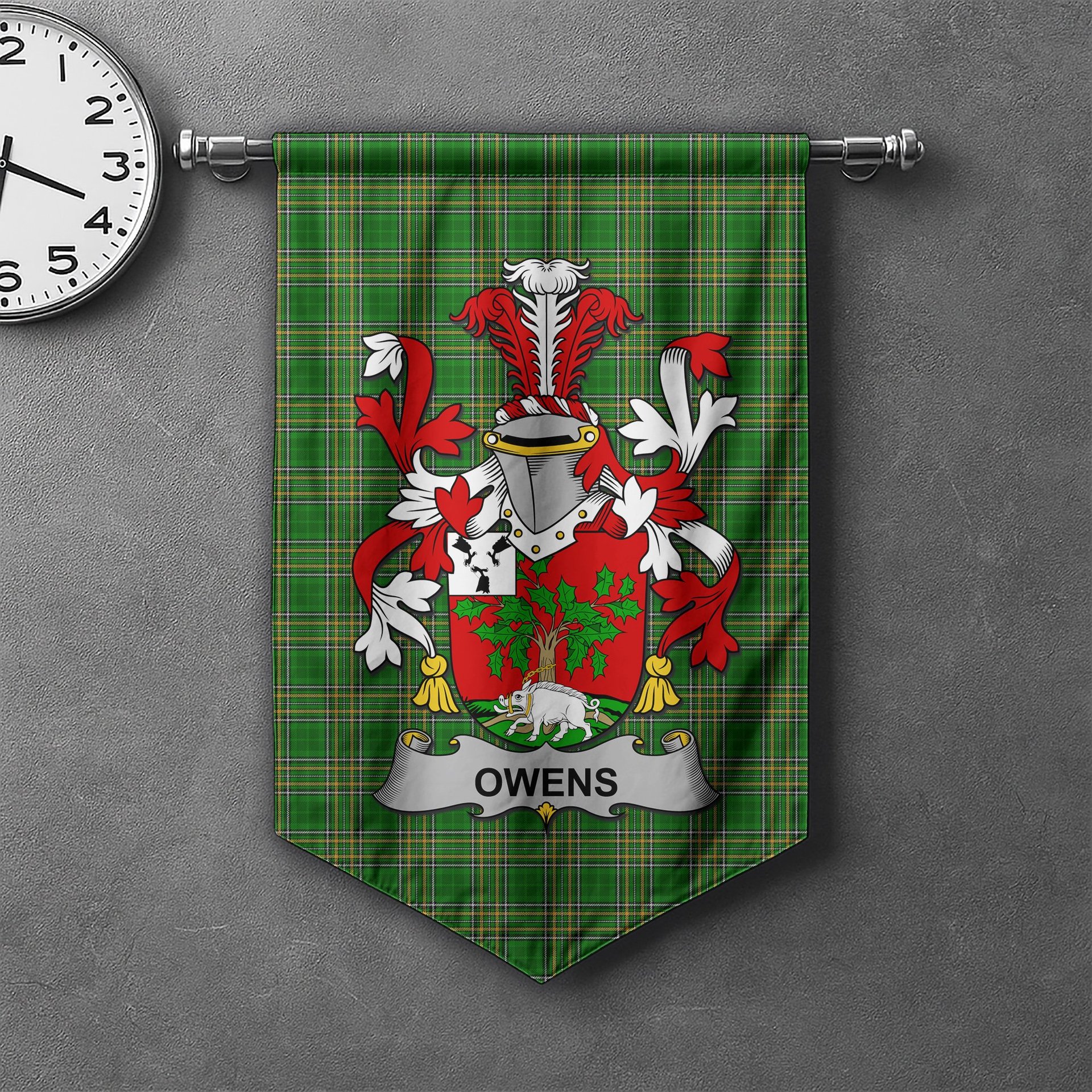 ScotsTee Shop Irish Owens Clan Coat of Arms Irish Tartan Gonfalon Flag