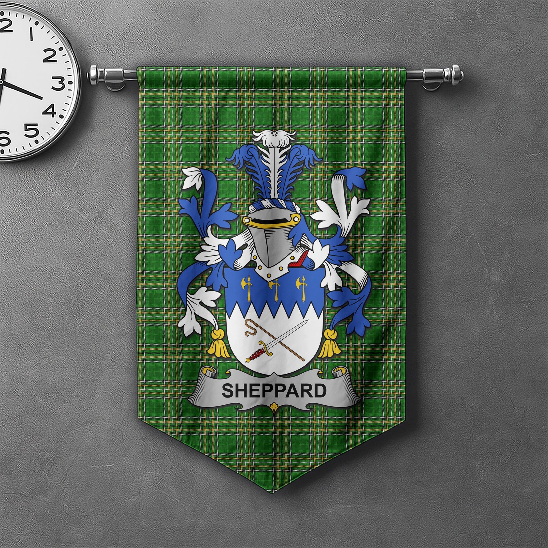 ScotsTee Shop Irish Sheppard Clan Coat of Arms Irish Tartan Gonfalon Flag
