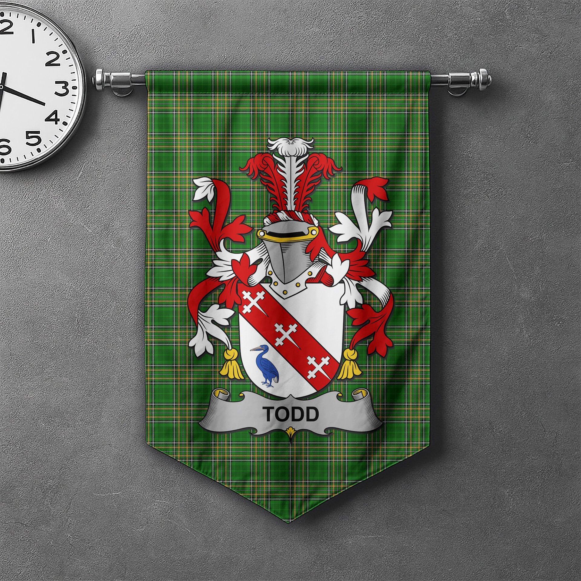 ScotsTee Shop Irish Todd or Tod Clan Coat of Arms Irish Tartan Gonfalon Flag