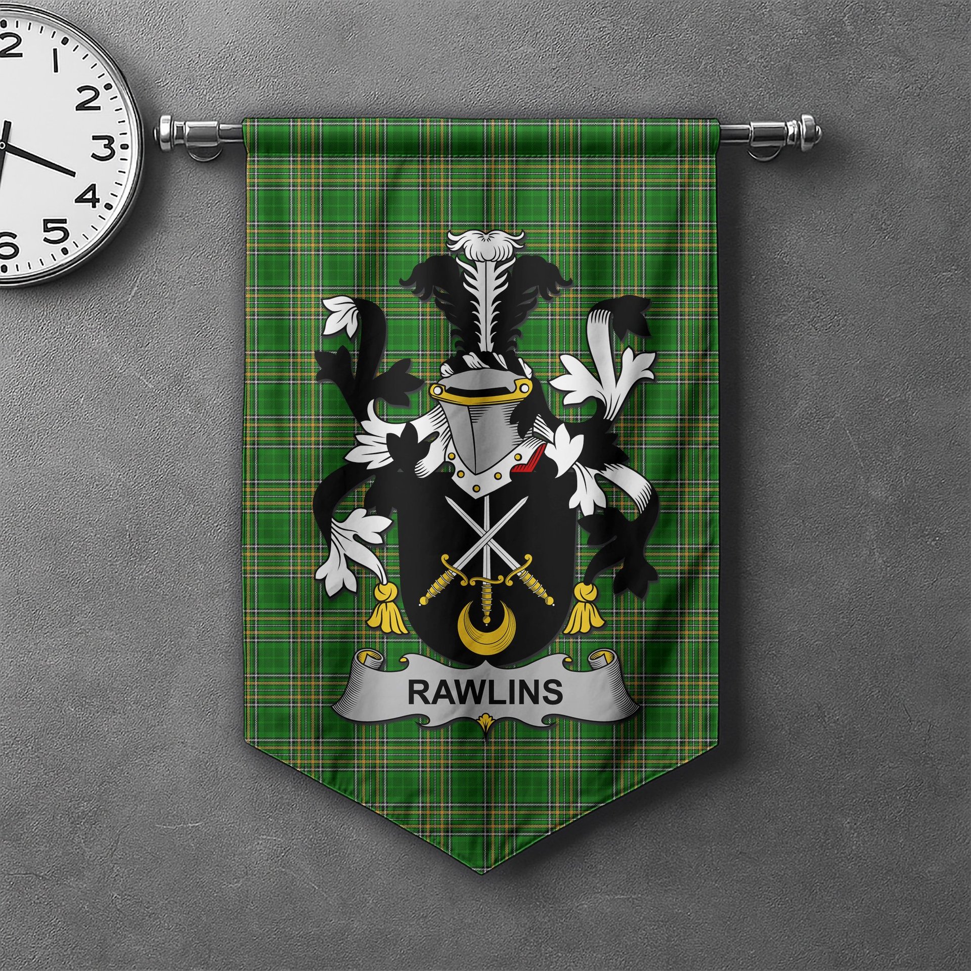 ScotsTee Shop Irish Rawlins Clan Coat of Arms Irish Tartan Gonfalon Flag