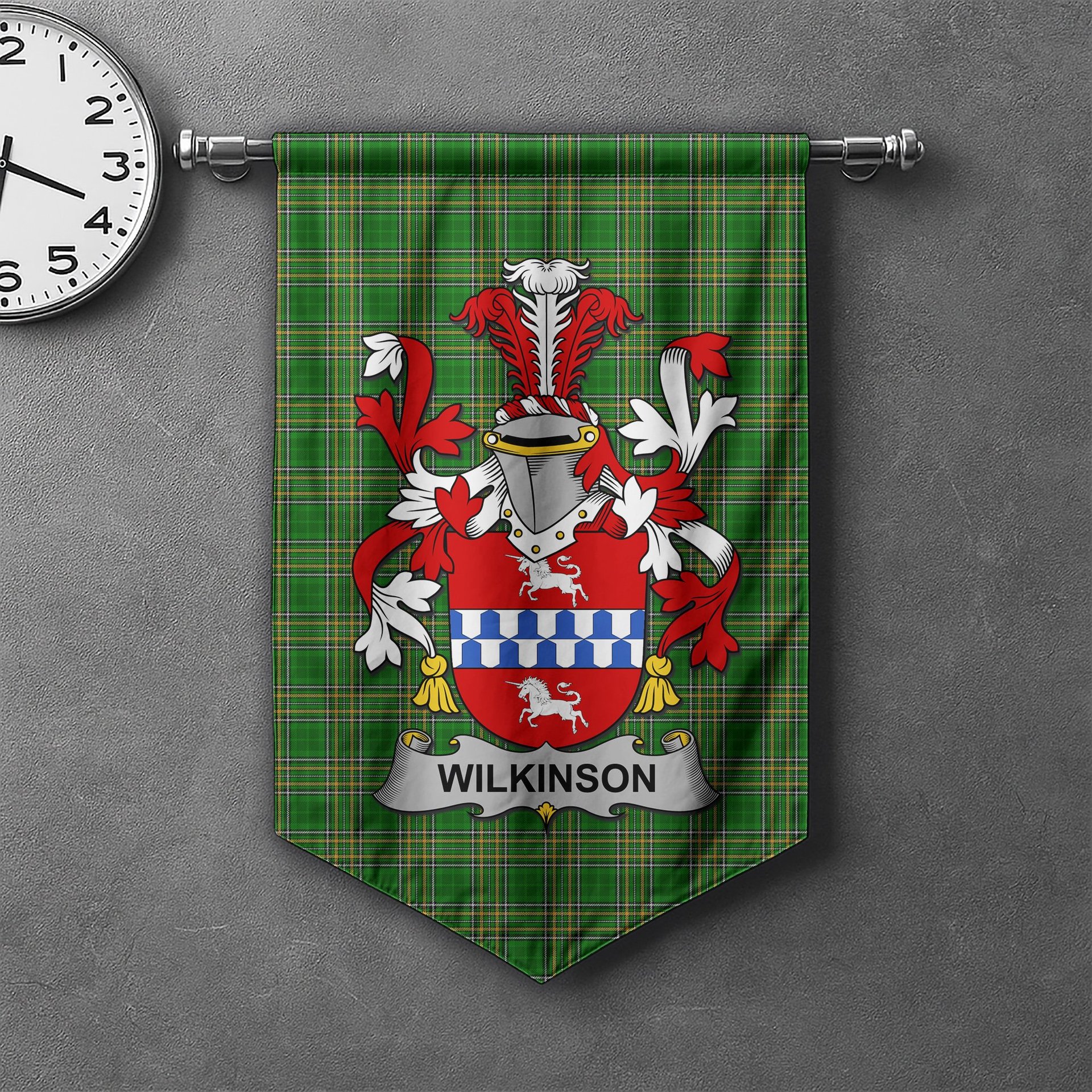 ScotsTee Shop Irish Wilkinson Clan Coat of Arms Irish Tartan Gonfalon Flag
