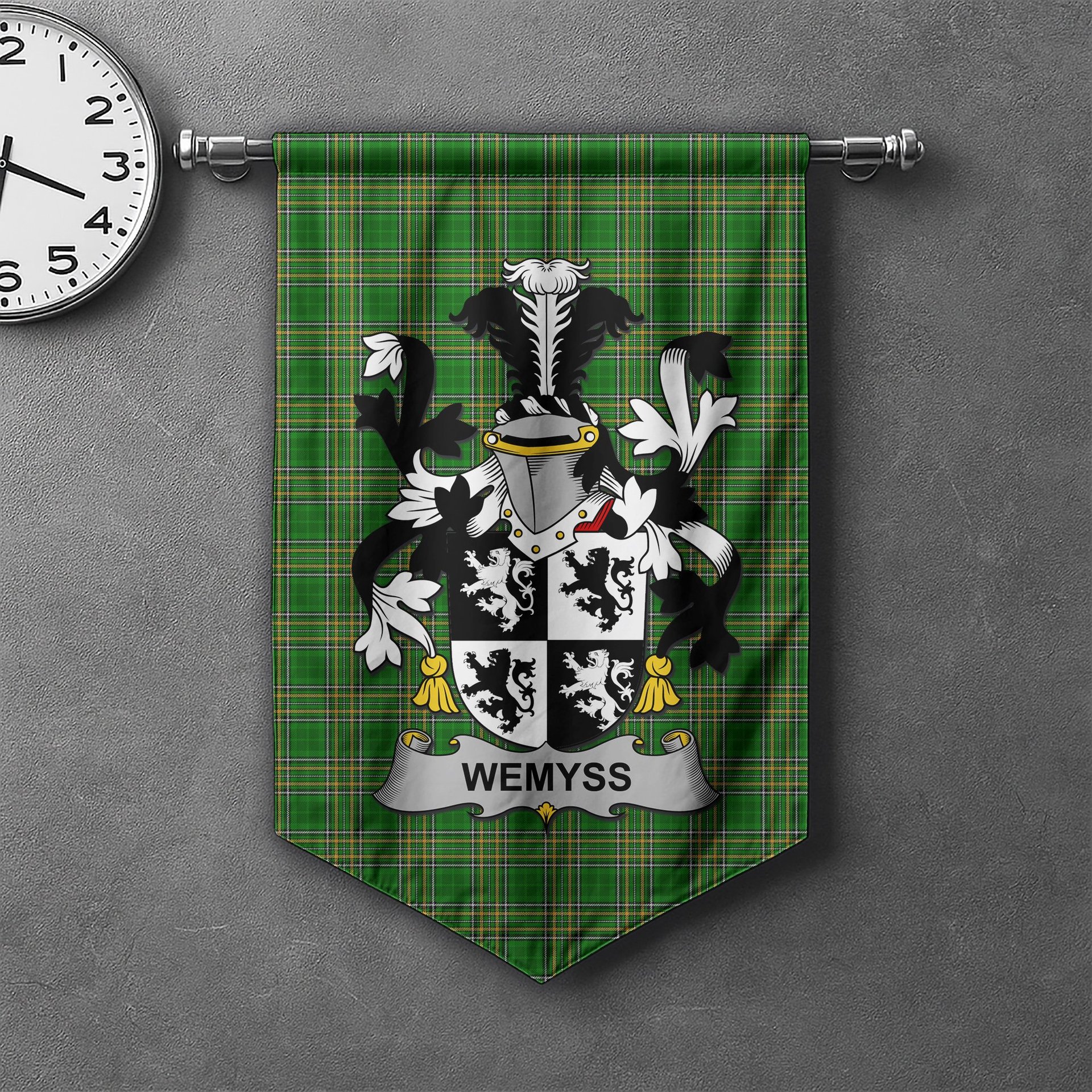 ScotsTee Shop Irish Wemyss Clan Coat of Arms Irish Tartan Gonfalon Flag