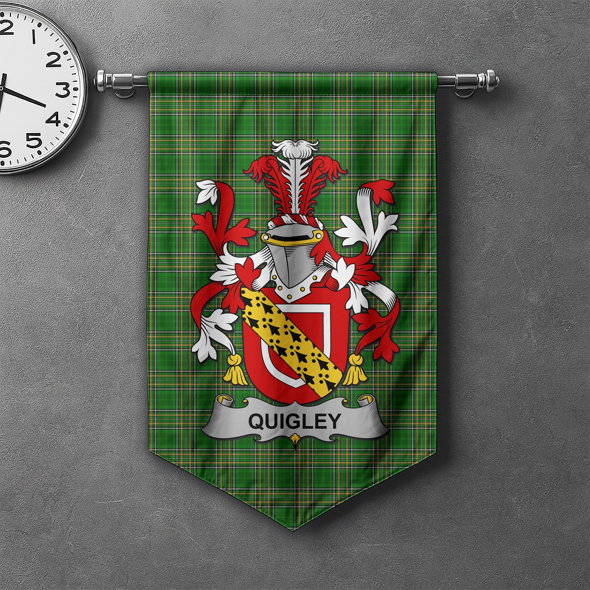 ScotsTee Shop Irish Quigley or O'Quigley Clan Coat of Arms Irish Tartan Gonfalon Flag