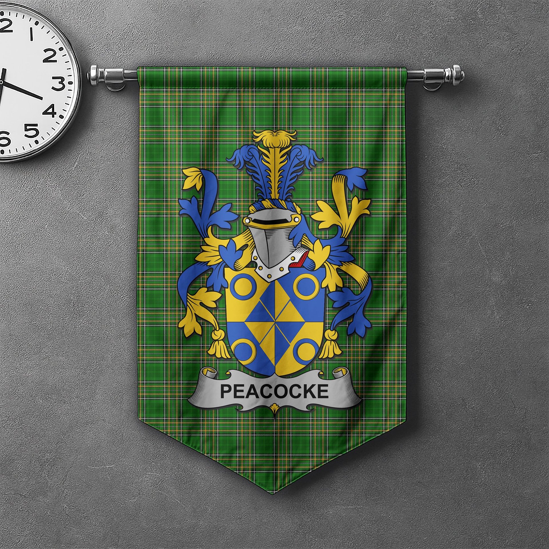 ScotsTee Shop Irish Peacocke Clan Coat of Arms Irish Tartan Gonfalon Flag