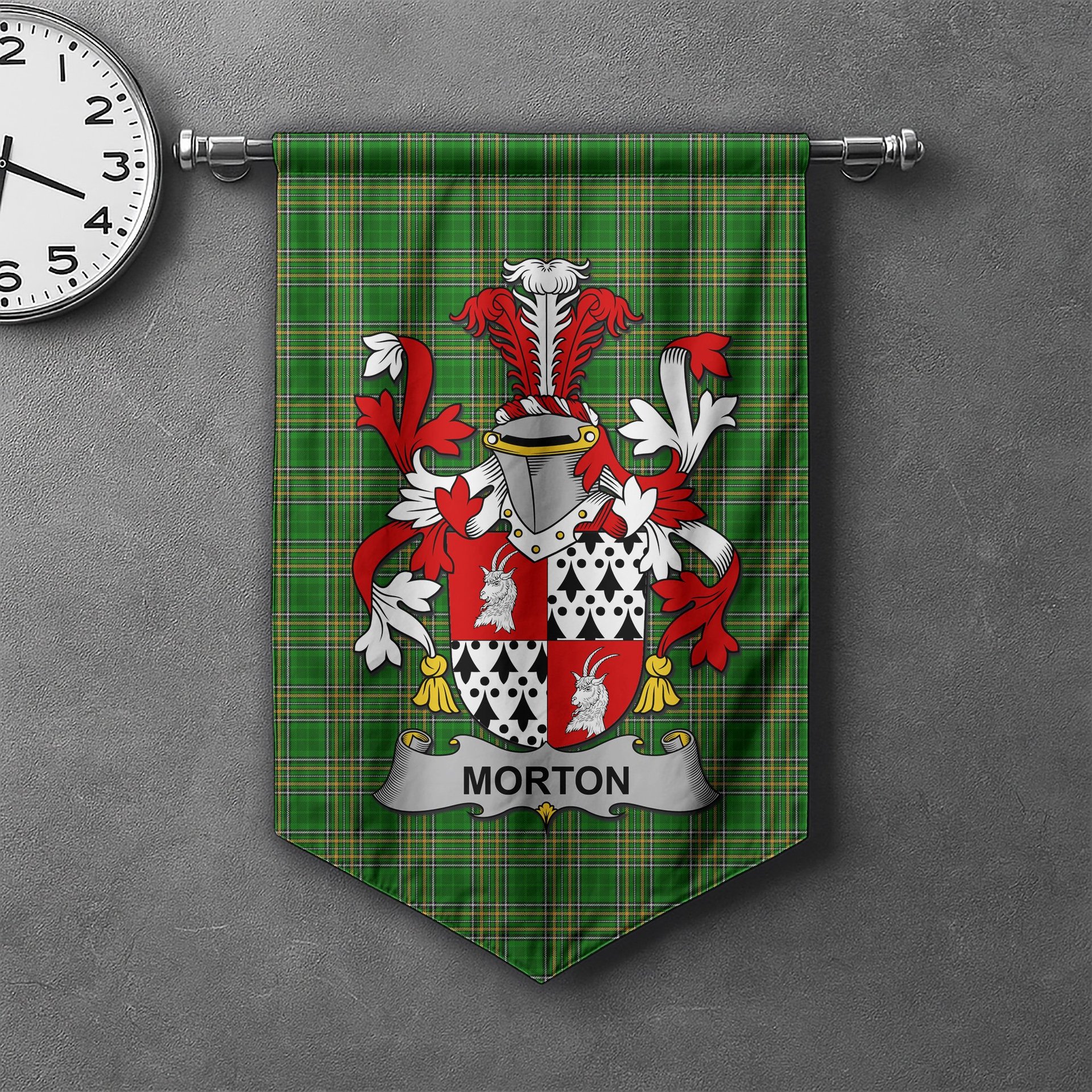 ScotsTee Shop Irish Morton Clan Coat of Arms Irish Tartan Gonfalon Flag