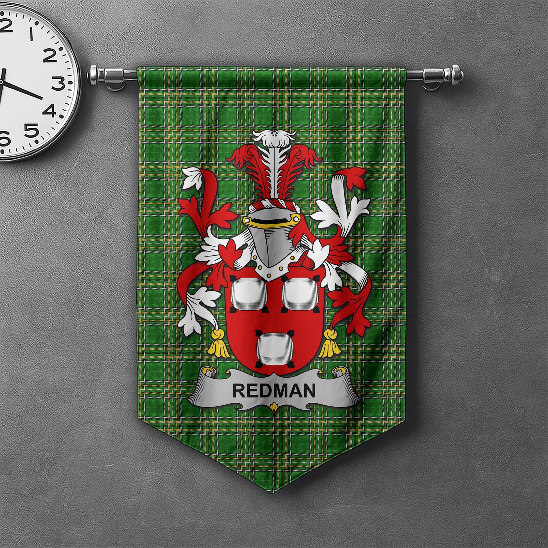 ScotsTee Shop Irish Redman Clan Coat of Arms Irish Tartan Gonfalon Flag