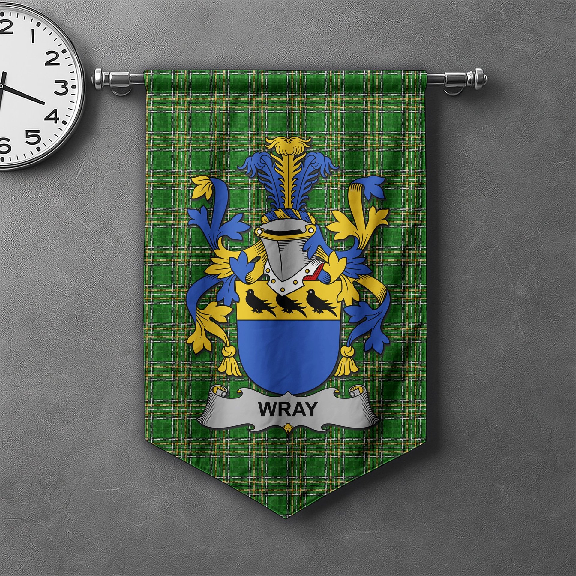 ScotsTee Shop Irish Wray Clan Coat of Arms Irish Tartan Gonfalon Flag