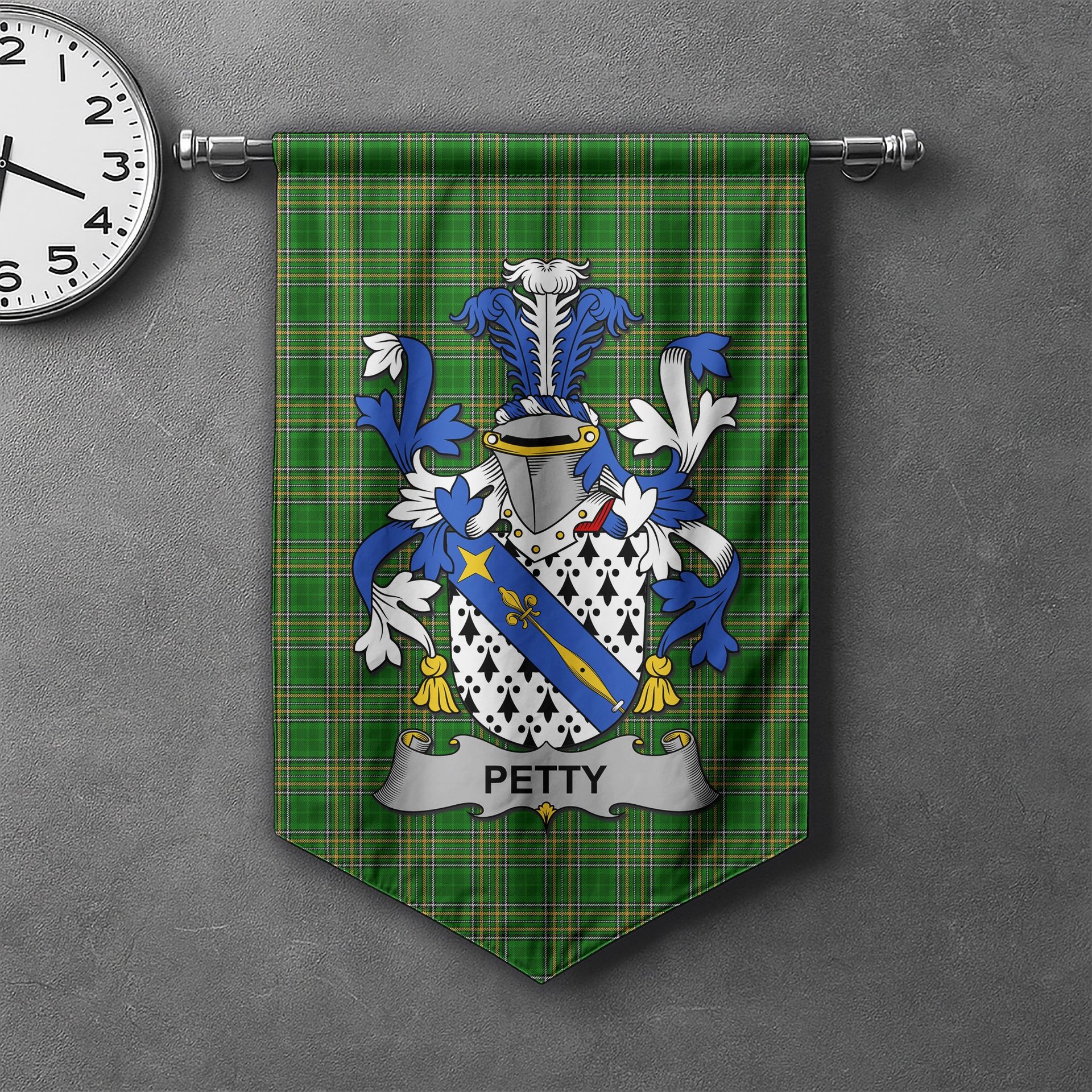 ScotsTee Shop Irish Petty Clan Coat of Arms Irish Tartan Gonfalon Flag