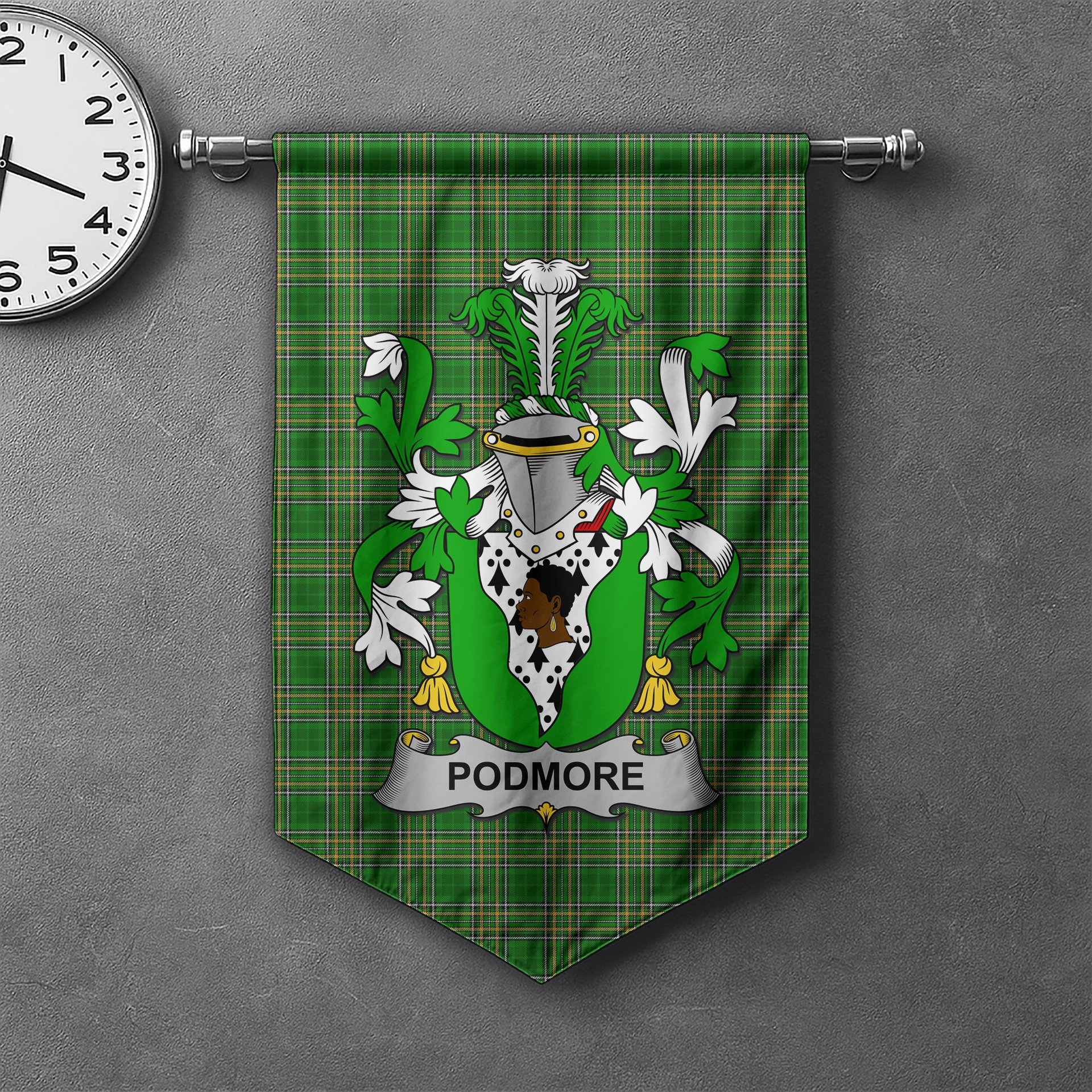 ScotsTee Shop Irish Podmore Clan Coat of Arms Irish Tartan Gonfalon Flag