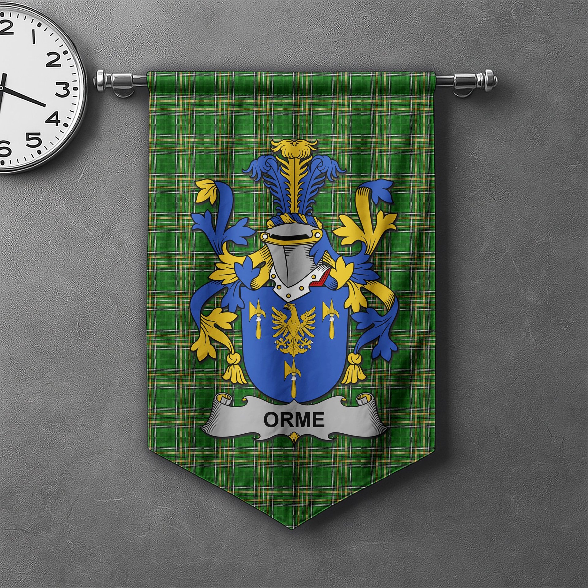 ScotsTee Shop Irish Orme Clan Coat of Arms Irish Tartan Gonfalon Flag