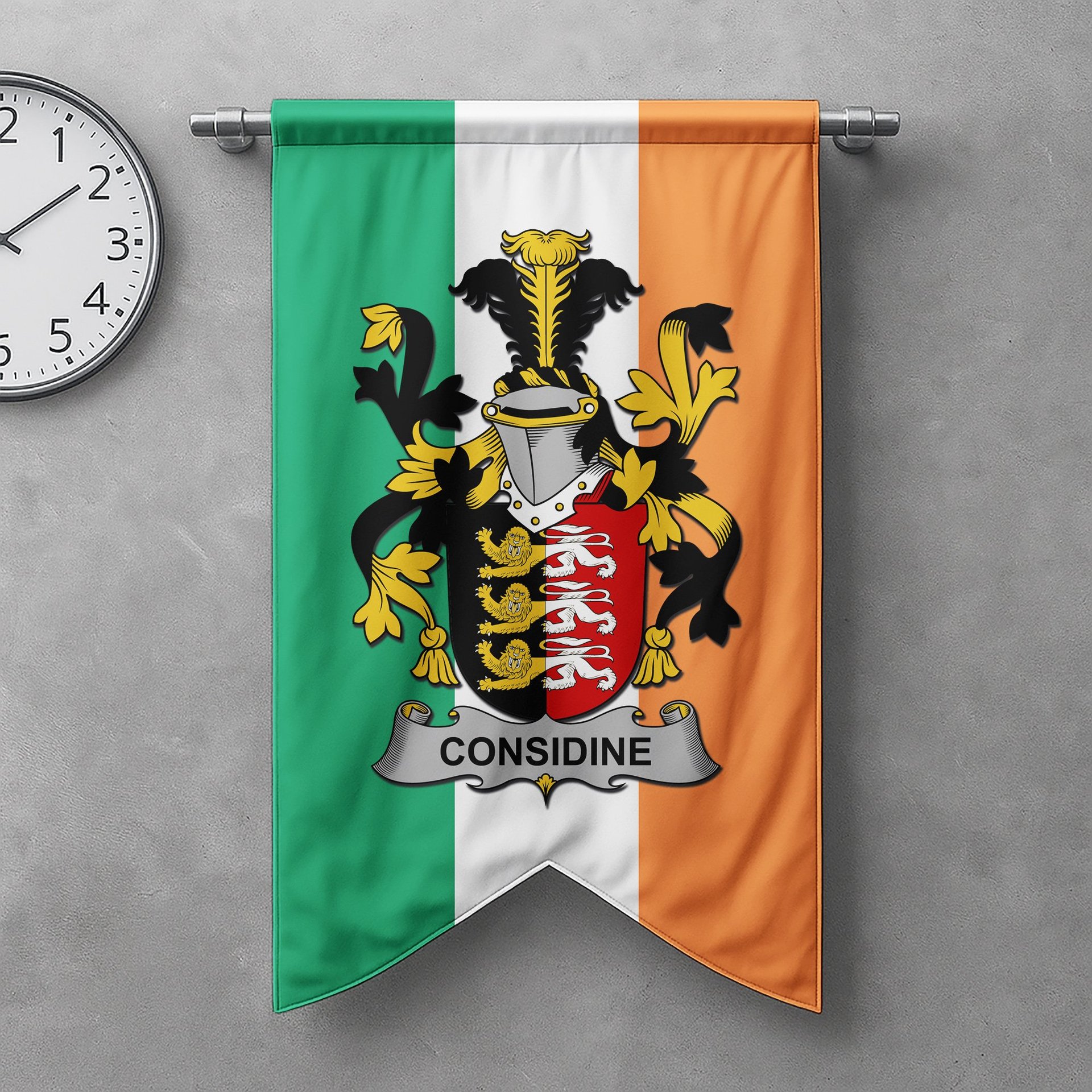 ScotsTee Shop Irish Considine or McConsidine Clan Coat of Arms Irish Tartan Gonfalon Flag