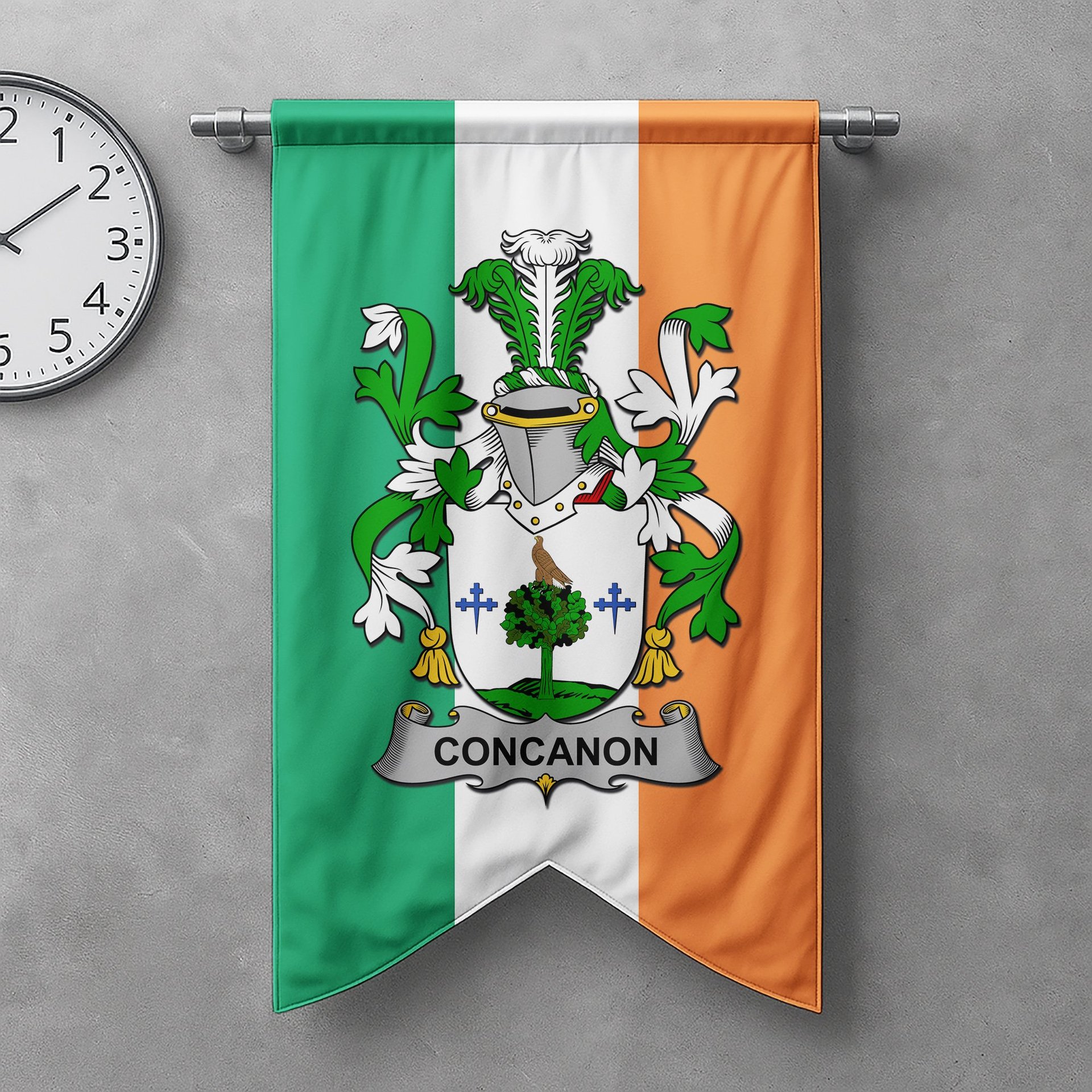 ScotsTee Shop Irish Concanon or O'Concanon Clan Coat of Arms Irish Tartan Gonfalon Flag