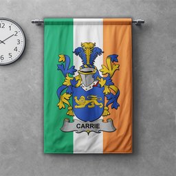 ScotsTee Shop Irish Carrie or O'Carrie Clan Coat of Arms Irish Tartan Gonfalon Flag