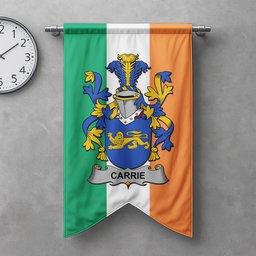 ScotsTee Shop Irish Carrie or O'Carrie Clan Coat of Arms Irish Tartan Gonfalon Flag