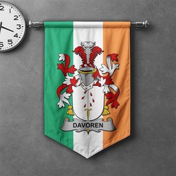ScotsTee Shop Irish Davoren or O'Davoren Clan Coat of Arms Irish Tartan Gonfalon Flag