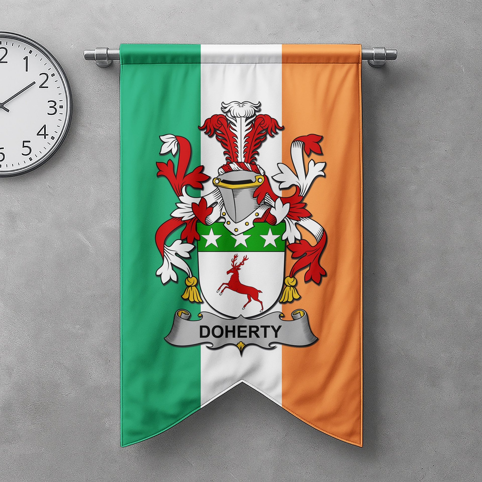 ScotsTee Shop Irish Doherty or O'Doherty Clan Coat of Arms Irish Tartan Gonfalon Flag