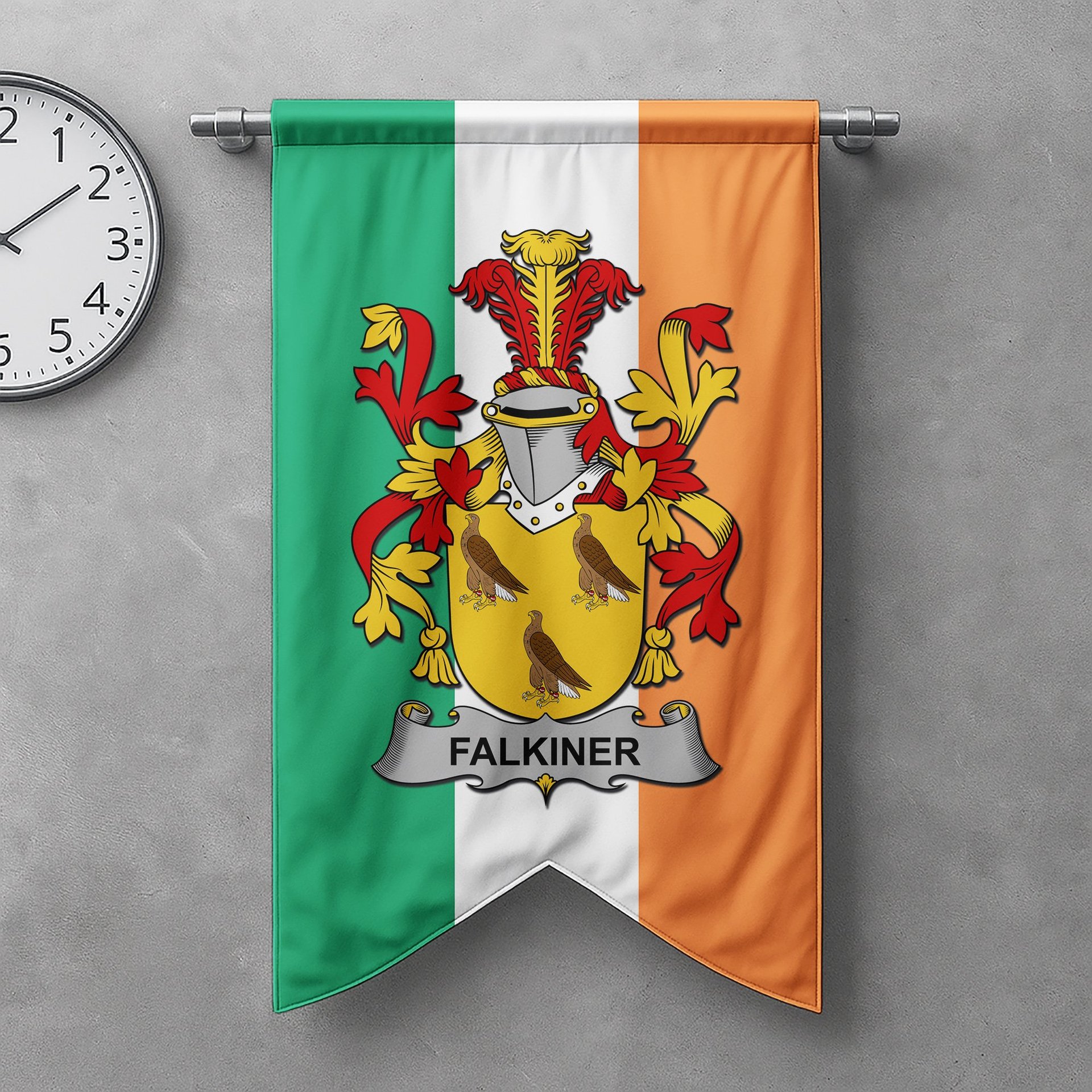 ScotsTee Shop Irish Falkiner Clan Coat of Arms Irish Tartan Gonfalon Flag