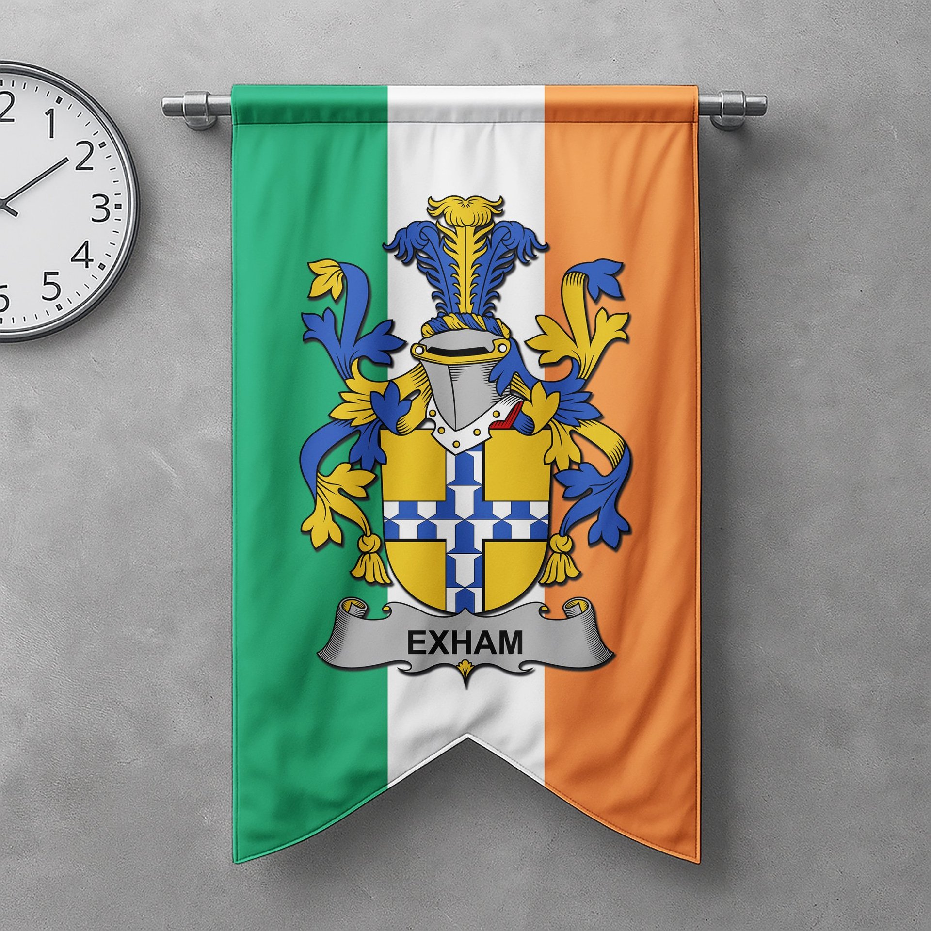 ScotsTee Shop Irish Exham Clan Coat of Arms Irish Tartan Gonfalon Flag
