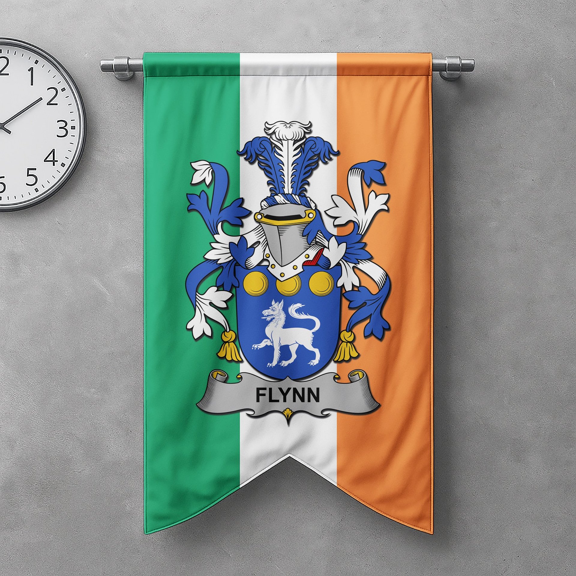 ScotsTee Shop Irish Flynn or O'Flynn Clan Coat of Arms Irish Tartan Gonfalon Flag