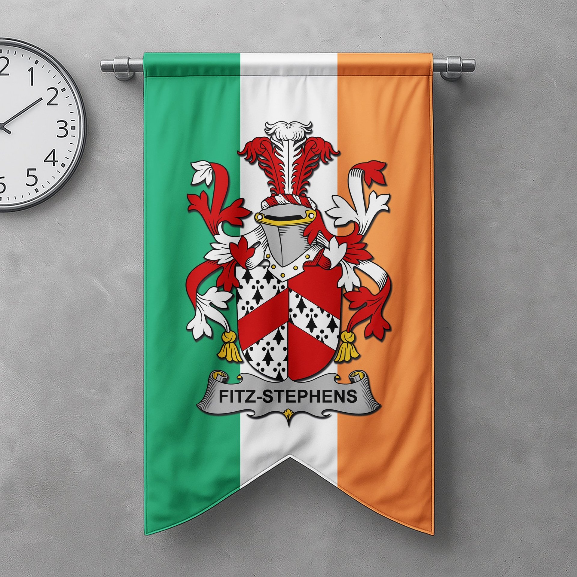 ScotsTee Shop Irish Fitz-Stephens Clan Coat of Arms Irish Tartan Gonfalon Flag