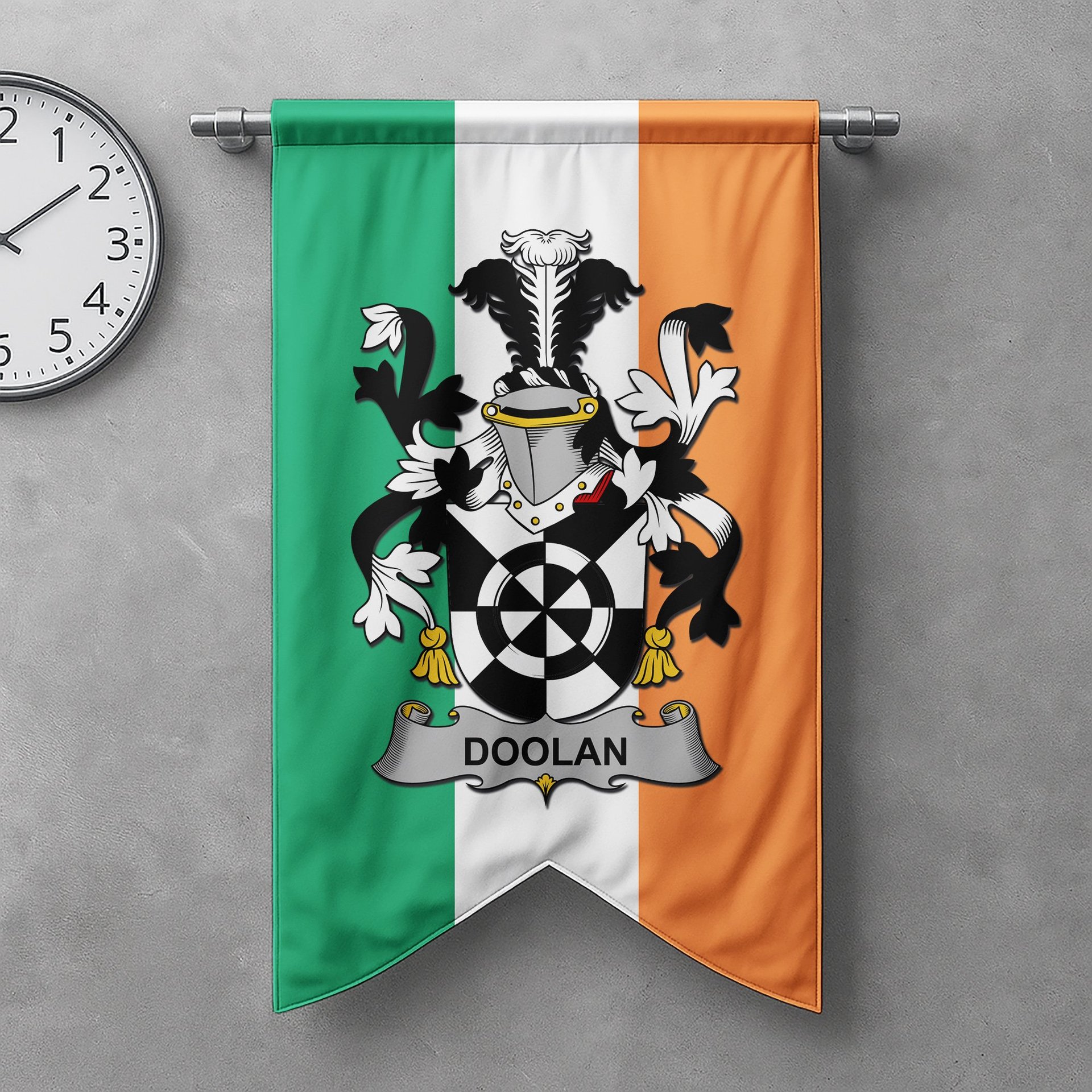 ScotsTee Shop Irish Doolan or O'Doolan Clan Coat of Arms Irish Tartan Gonfalon Flag