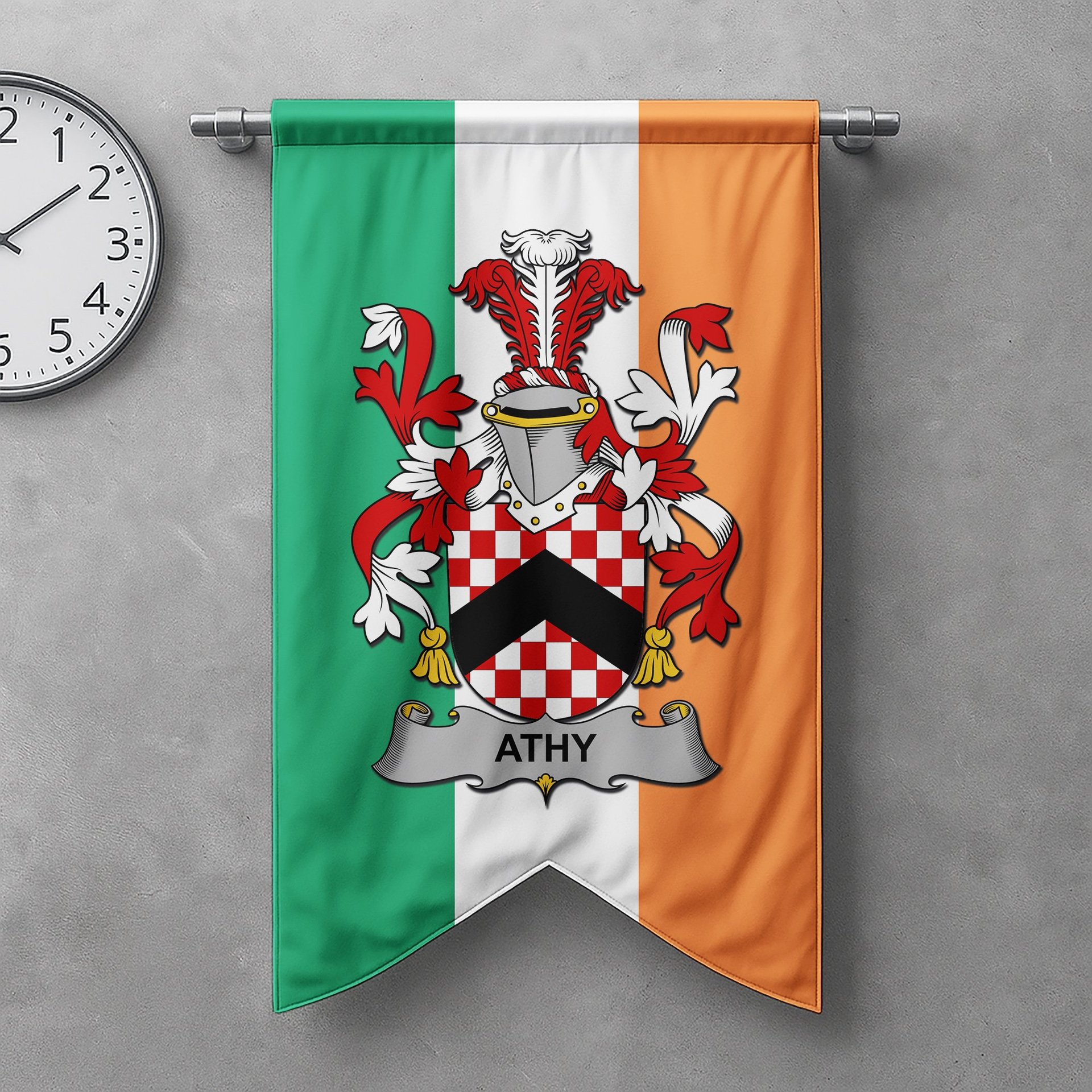 ScotsTee Shop Irish Athy Clan Coat of Arms Irish Tartan Gonfalon Flag
